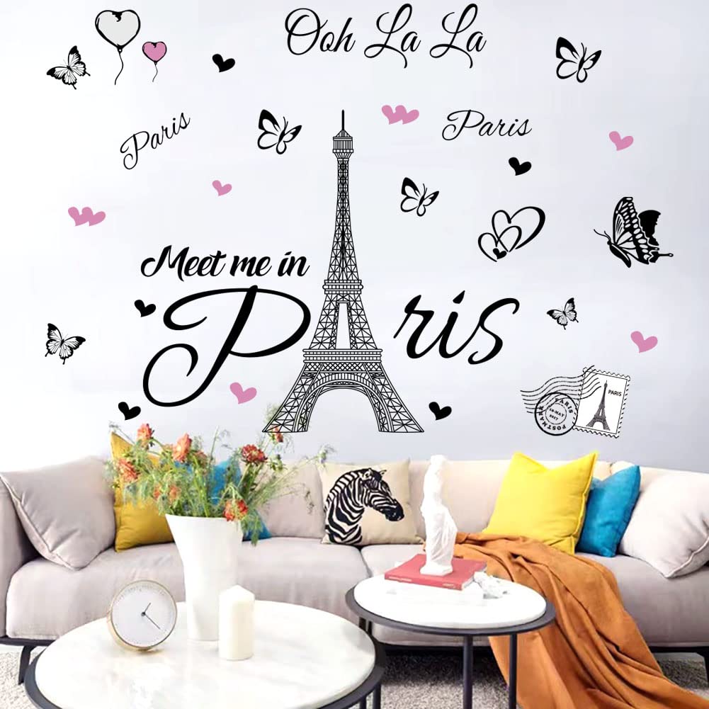 Paris Tower Wall Decal Paris Eiffel Tower Wall Sticker Vinyl Eiffel Tower Peel and Stick Wall Decals Removable Self-Adhesive Stickers Paris Tower Wall Decor for Bedroom Kitchen Office Background Livin