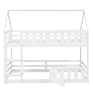 SOFTSEA Twin Over Twin House Bunk Bed, Solid Wood Bunk Bed Frame with Guardrails, Door and Ladder for Boys and Girls Bedroom, No Box Spring Needed, Easy Assembly, White