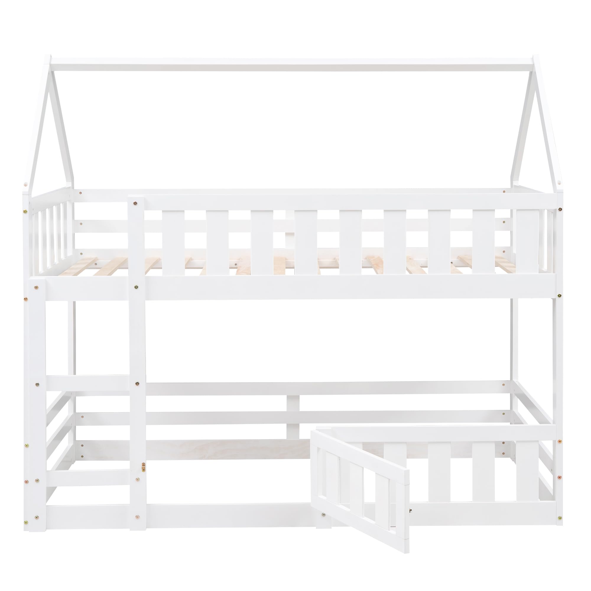 SOFTSEA Twin Over Twin House Bunk Bed, Solid Wood Bunk Bed Frame with Guardrails, Door and Ladder for Boys and Girls Bedroom, No Box Spring Needed, Easy Assembly, White