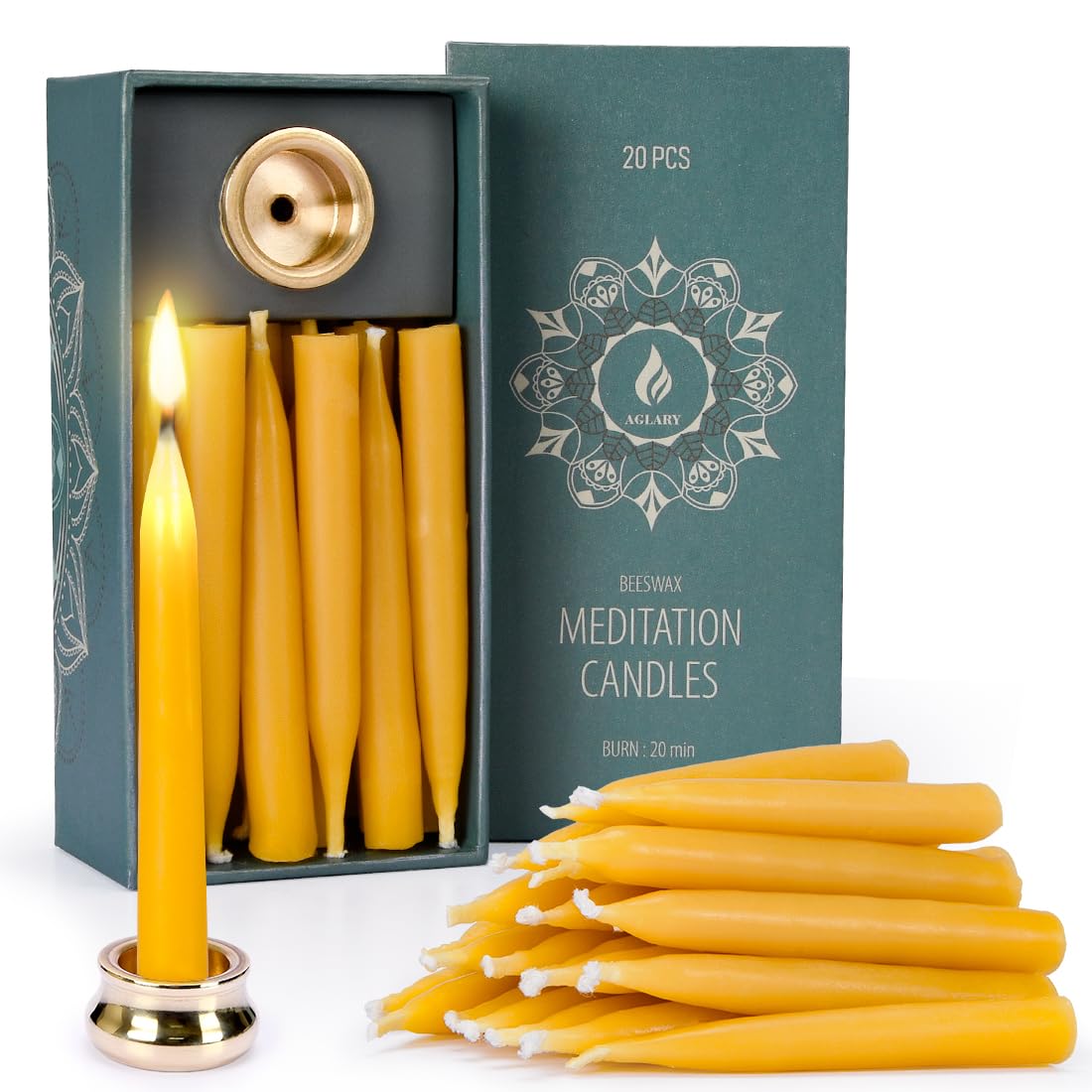 20 Minute Pure Beeswax Candles, Dripless Meditation Candles, Mini Taper Candles, Set of 20 with Brass Candle Holders.