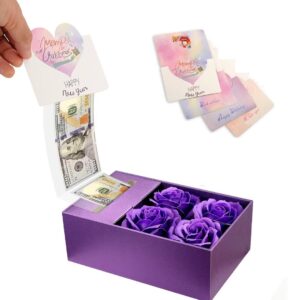 money box for cash gift pull, money gift boxes for cash on birthday, christmas, graduation, mother's day, for husband, wife, girlfriend, mother with soap rose flower and greeting cards - purple