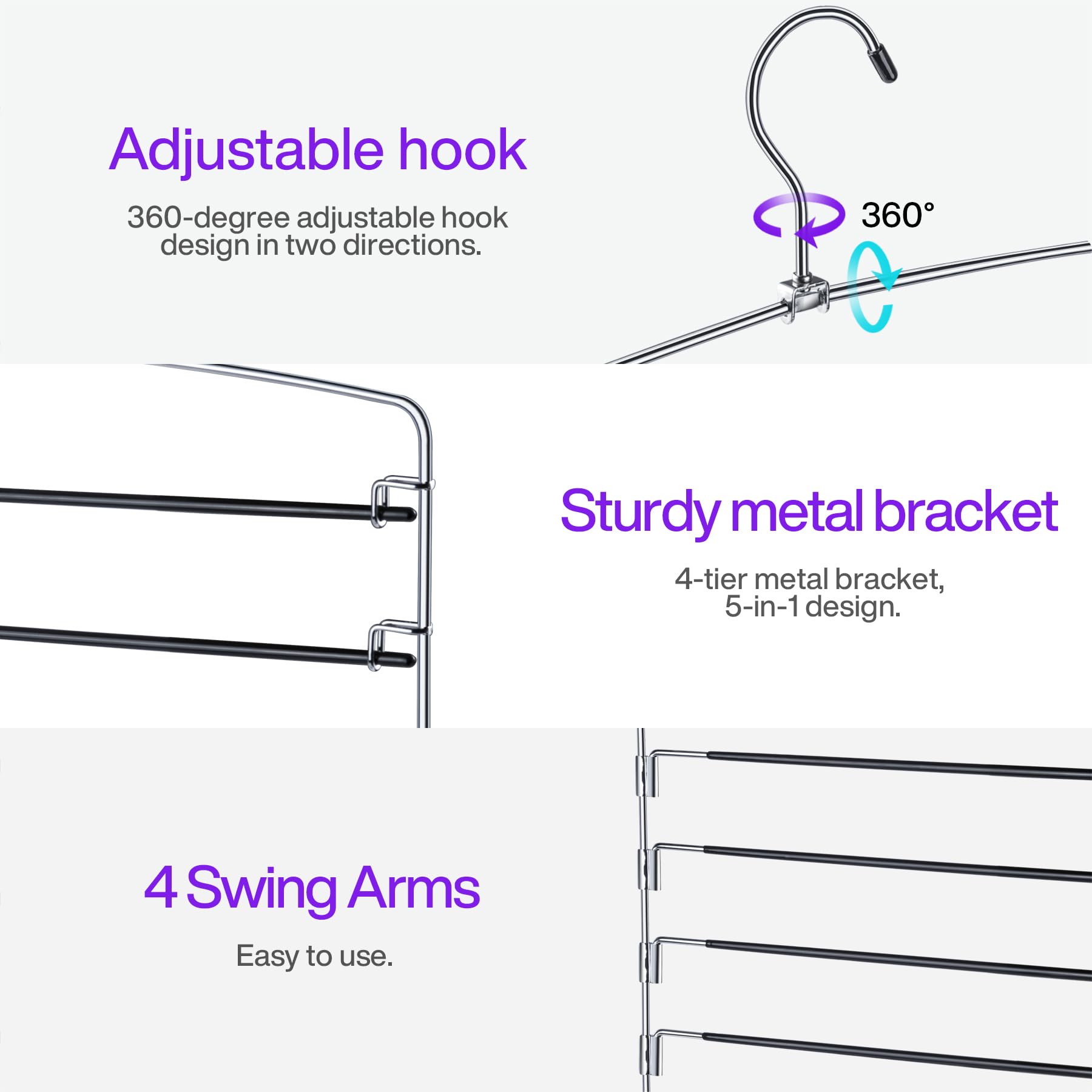 ARRIGO 3 Pack Pants Hangers Space Saving Non Slip Multiple Pants Hanger for Women with Swing Arm Closet Storage Organizer for Pants Jeans Trouser Leggings Scarf Tie