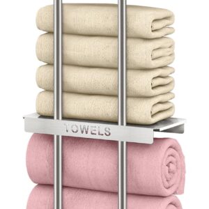 Bathroom Towel Storage, Towel Racks for Bathroom with 3-Tier Shelf & 4 Hooks, Towel Holder for Bathroom Wall for Rolled Bath Towels, Brushed Nickel