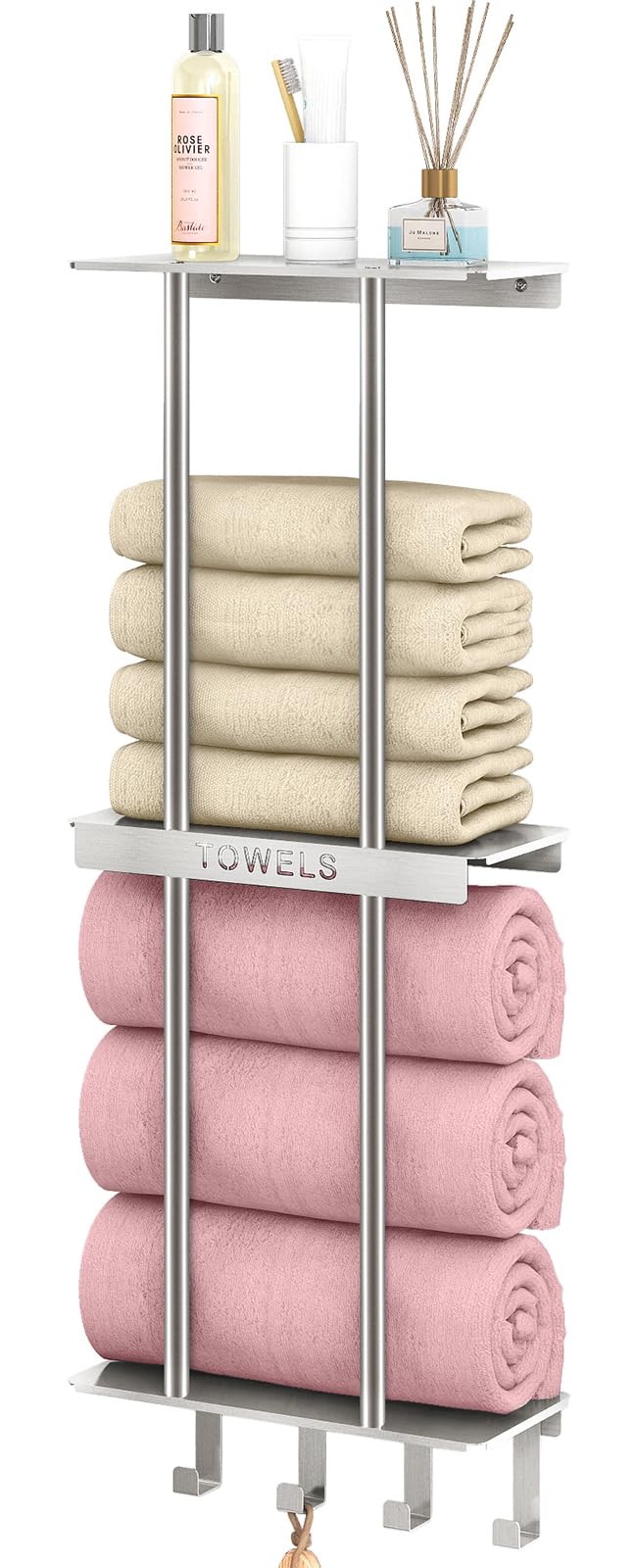 Bathroom Towel Storage, Towel Racks for Bathroom with 3-Tier Shelf & 4 Hooks, Towel Holder for Bathroom Wall for Rolled Bath Towels, Brushed Nickel