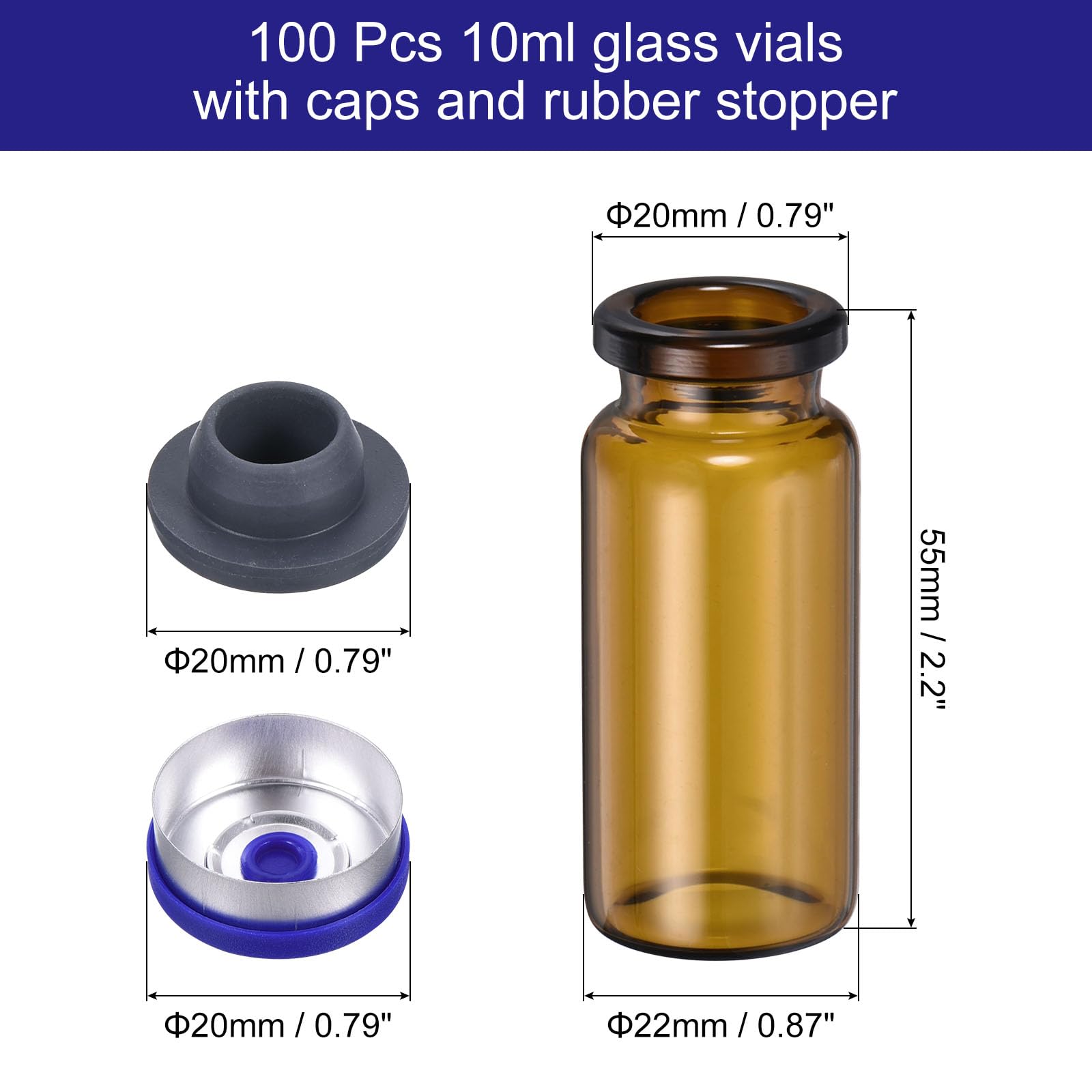 PATIKIL 10ml Glass Vials, 100pcs Glass Vial Small Glass Vials Empty Sample Bottle Mini Clear with Caps Seal Rubber Stopper Injection Port for Lab Injection Plants Essential Oil, Brown