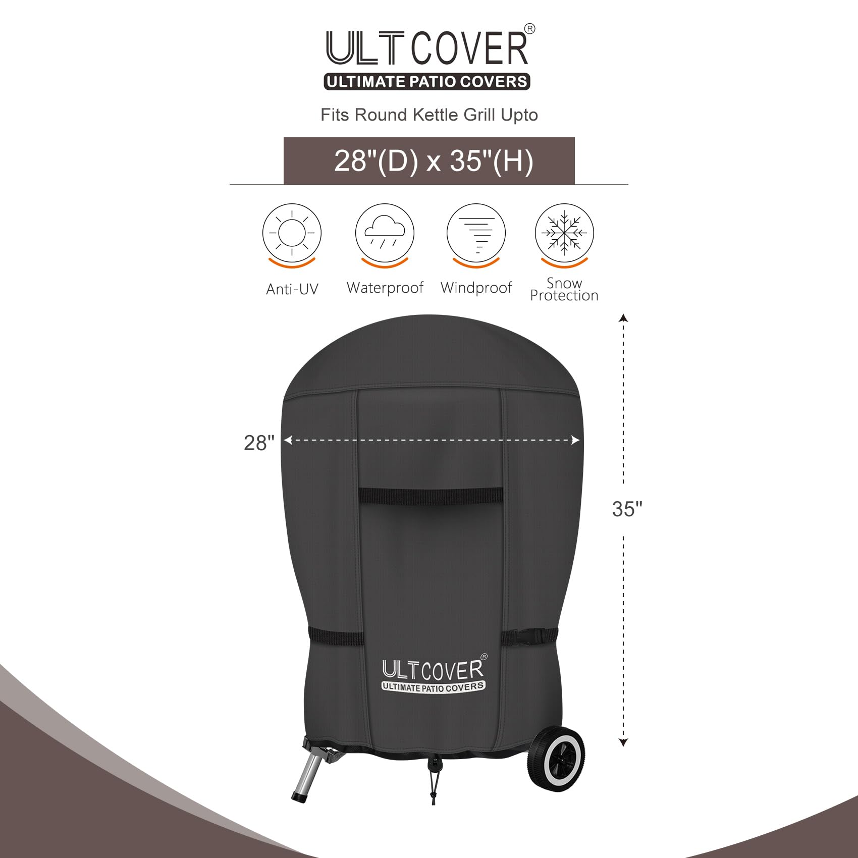 ULTCOVER Outdoor Waterproof Charcoal Kettle Grill Cover for Most 22 inch Round Smoker Size Up to 28” Dia x 35” H, Black