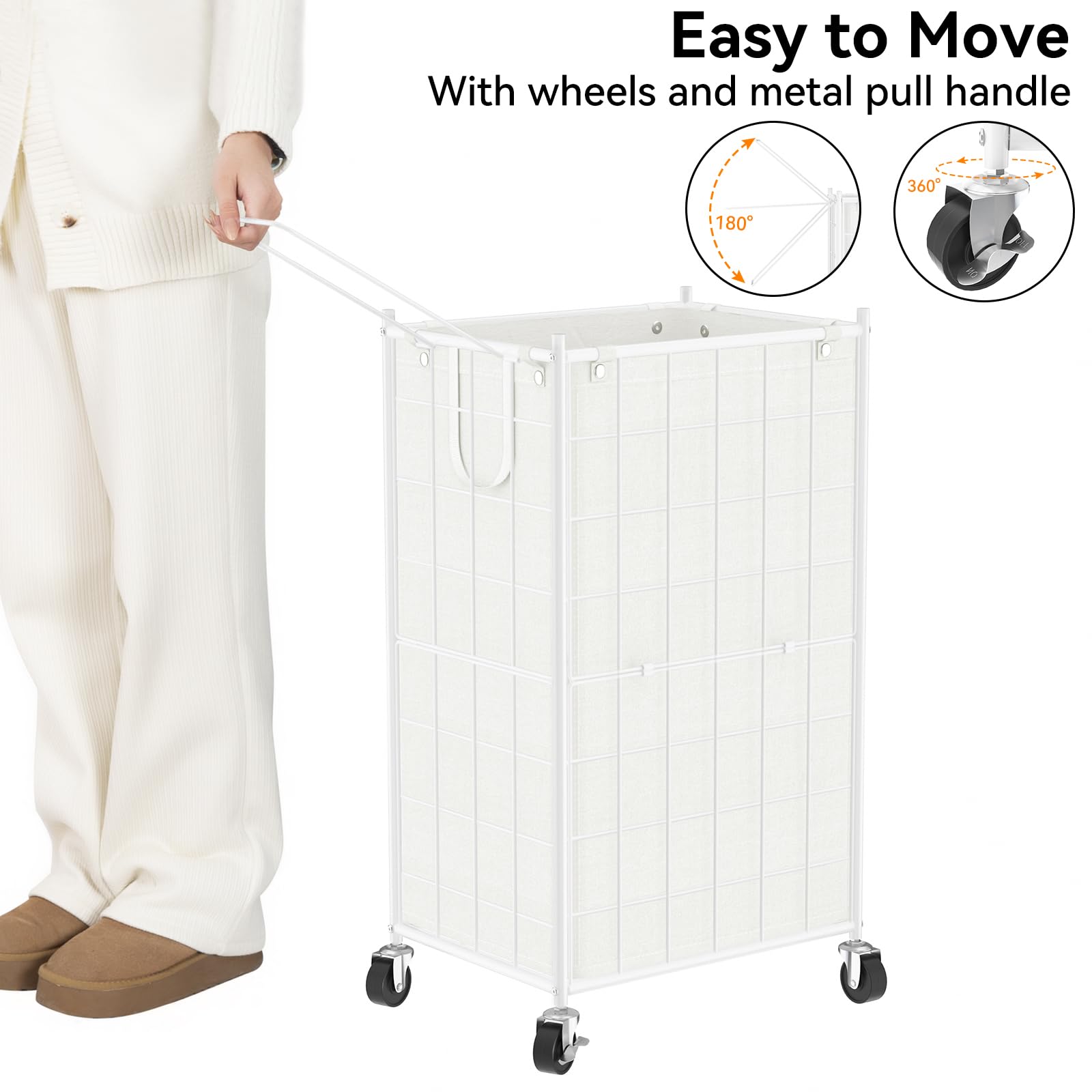 WOWLIVE Laundry Hamper with Wheels,Metal Wire Frame Rolling Laundry Basket with Removable bag,100L Dirty Clothes Hamper Organizer Dorm Room Storage for Bedroom,Bathroom,White