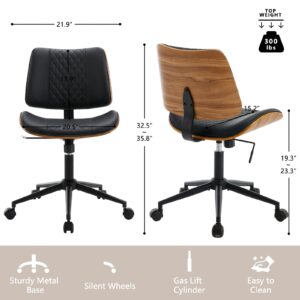 BERYTH Home Office Chair No Arms with Wheels, Adjustable Height Small Desk Chair, PU Leather Mid Back 360 Swivel Computer Chair, Armless Modern Walnut Chair for Office, Reading Meeting Room(Black)