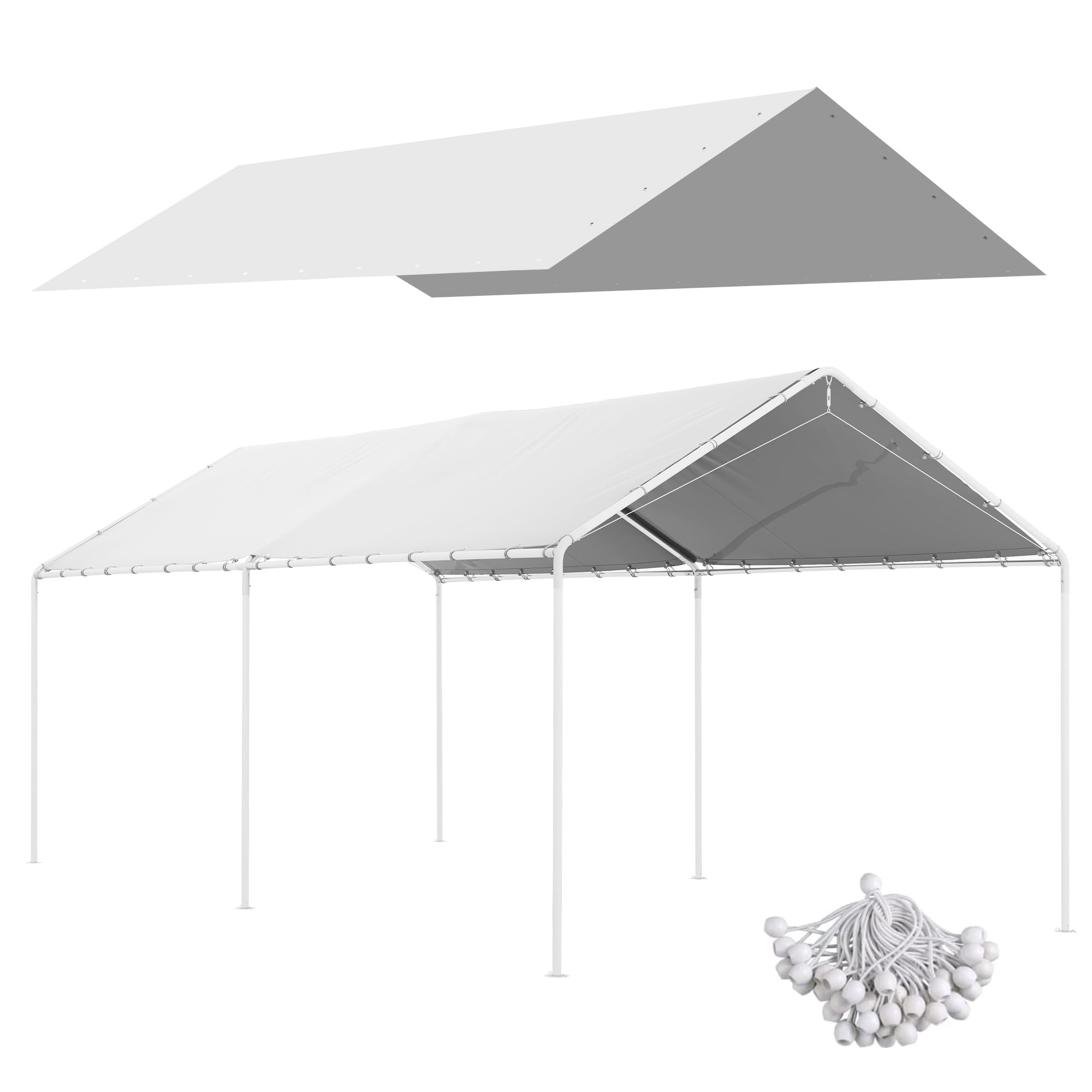 Outsunny 10' x 20' Carport Replacement Top Canopy Cover, UV Resistant and Water Resistant Car Port Portable Garage Tent Cover with Ball Bungee Cords, White, Only Cover