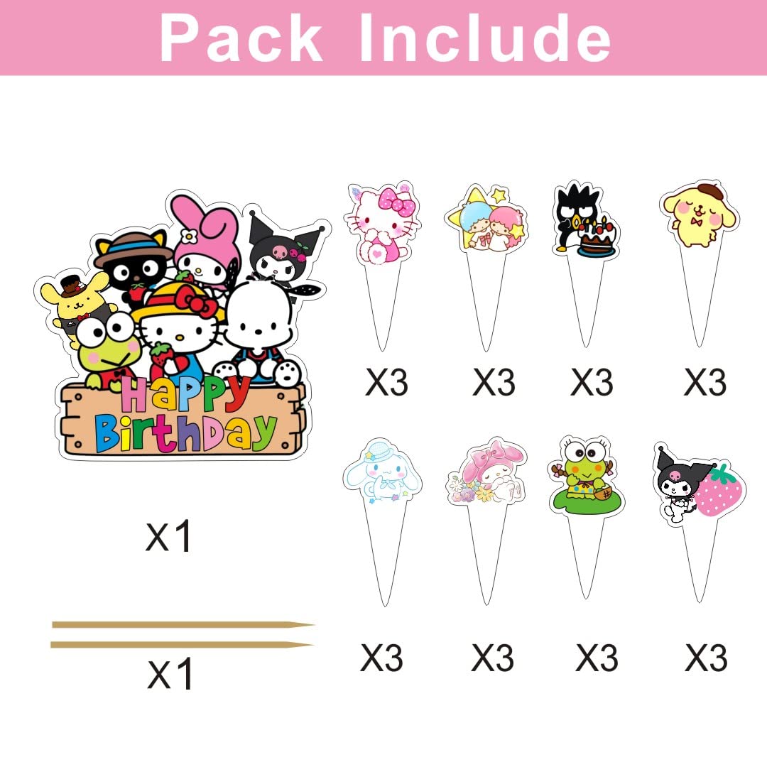 25Pcs Kitty and Friends Cake Topper and Cupcake Toppers Set, Cinnamoroll Kuromi and My Melody keroppi Birthday Party Supplies for Kawaii Themed Birthday Cake Decorations