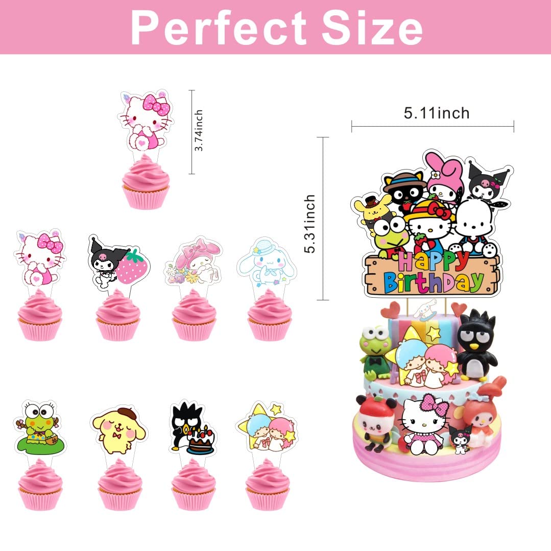 25Pcs Kitty and Friends Cake Topper and Cupcake Toppers Set, Cinnamoroll Kuromi and My Melody keroppi Birthday Party Supplies for Kawaii Themed Birthday Cake Decorations