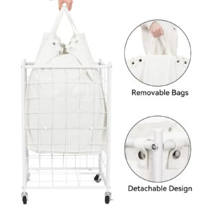 WOWLIVE Laundry Hamper with Wheels,Metal Wire Frame Rolling Laundry Basket with Removable bag,100L Dirty Clothes Hamper Organizer Dorm Room Storage for Bedroom,Bathroom,White