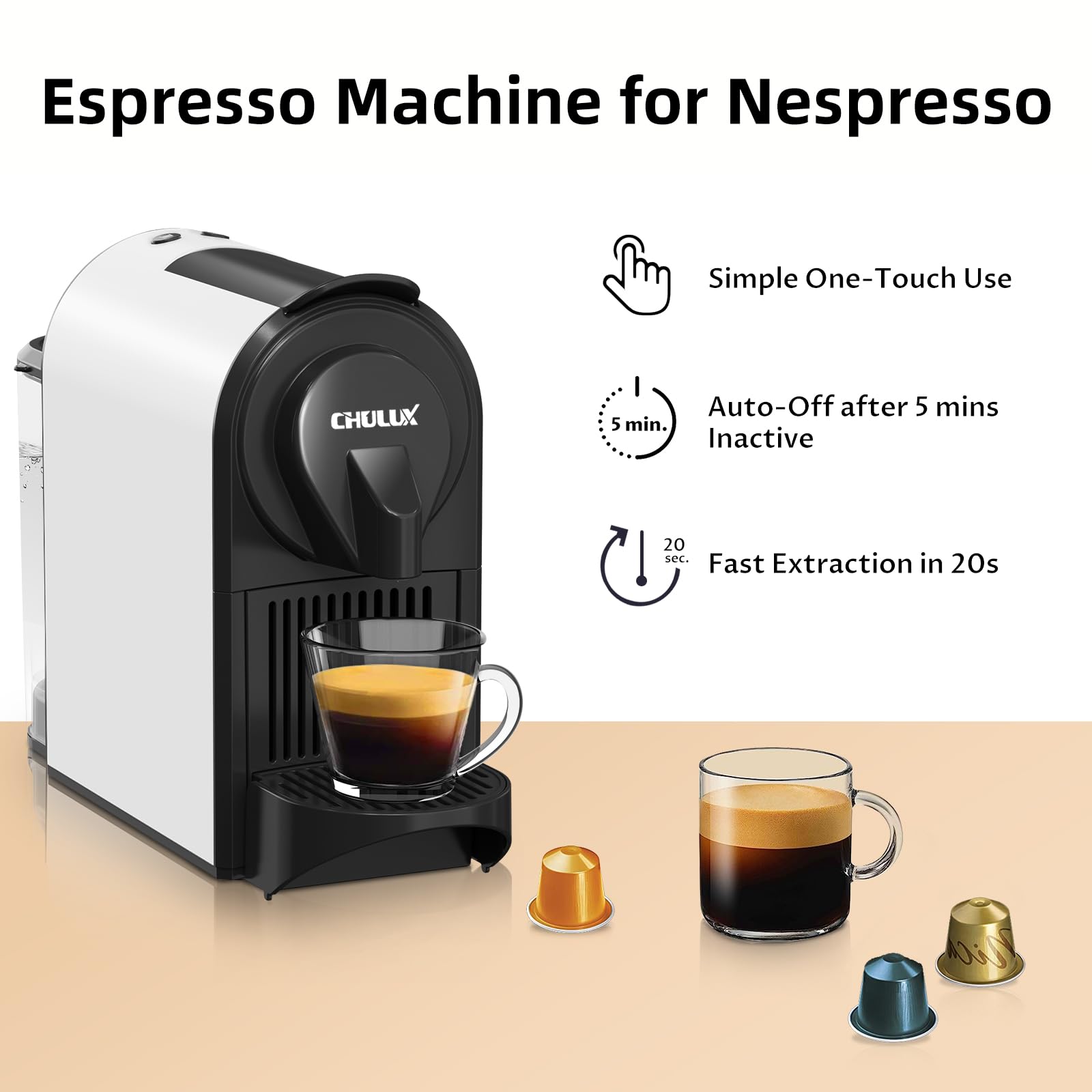 CHULUX Bafèstro Espresso Machine, 20 Bar Italian ODE Pump Mini Espresso Machine for Nespresso Original Capsules, Single Serve Coffee Machine for Home Espresso & Lungo Maker, One-Touch, 1400W