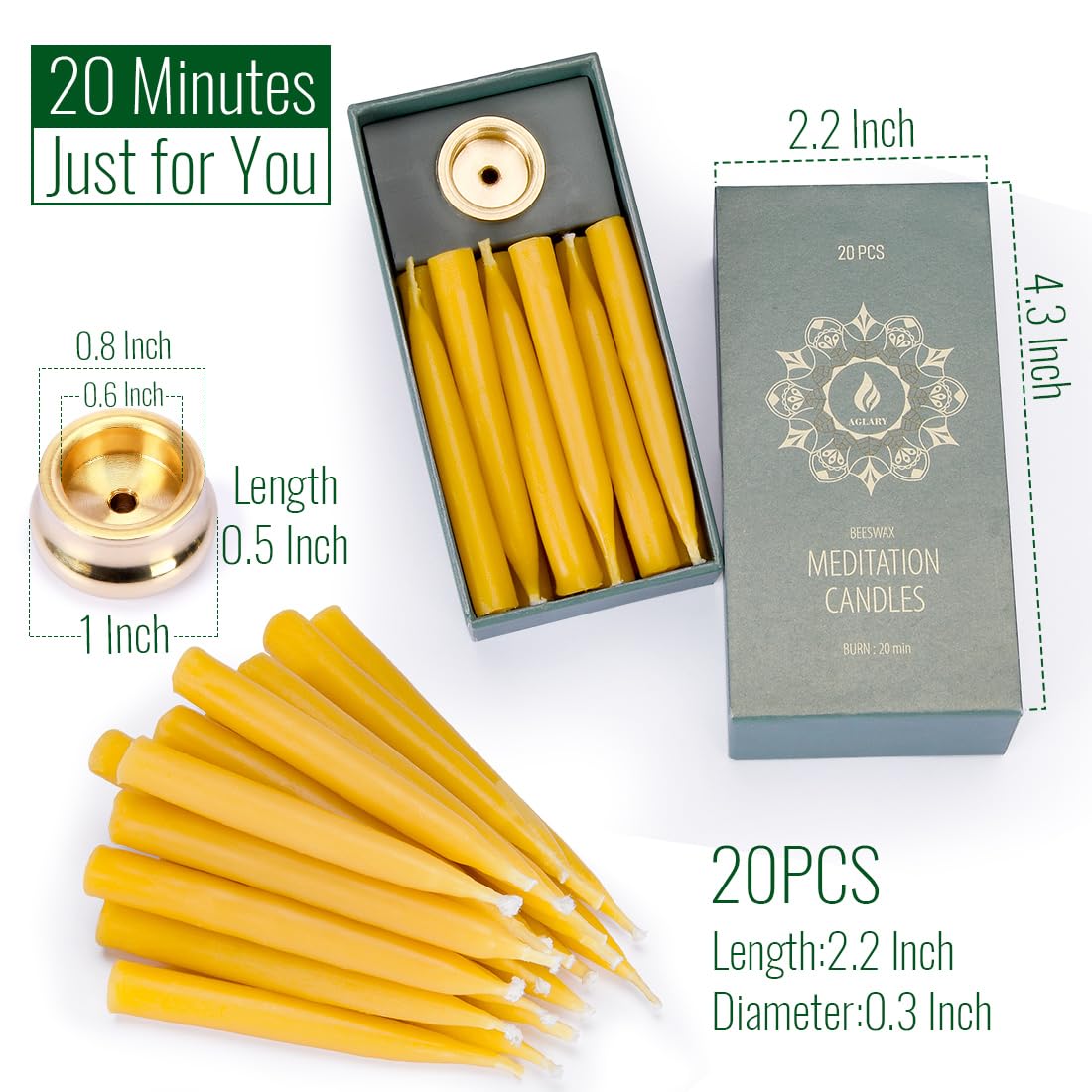 20 Minute Pure Beeswax Candles, Dripless Meditation Candles, Mini Taper Candles, Set of 20 with Brass Candle Holders.