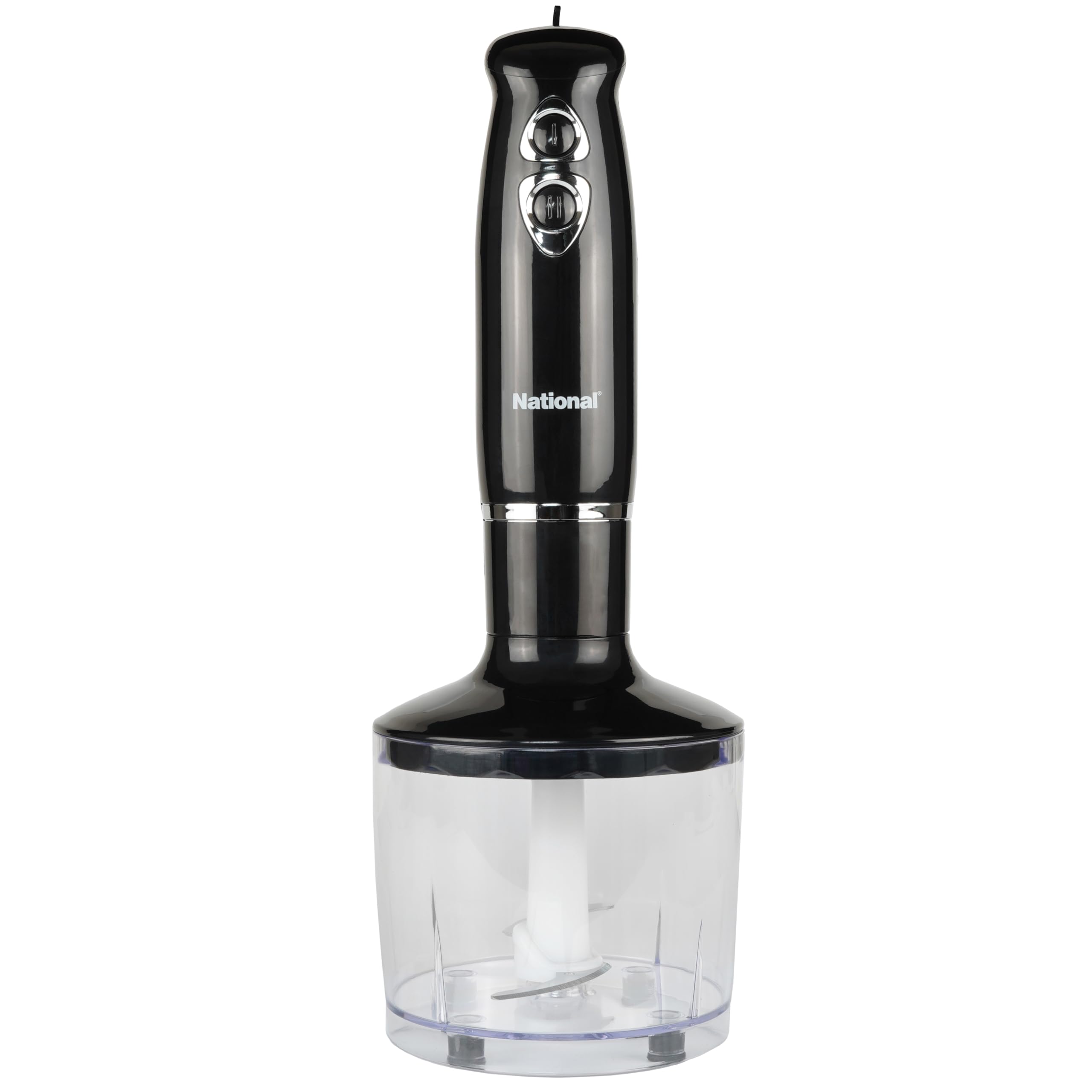 National NA-3104HB 4-in-1 Multi-Purpose Immersion Hand Blender Blend, Puree, Mash, Chop and Whisk, Two Speeds, Splash Control, and ETL Approved with Interchangeable Attachments (Black)