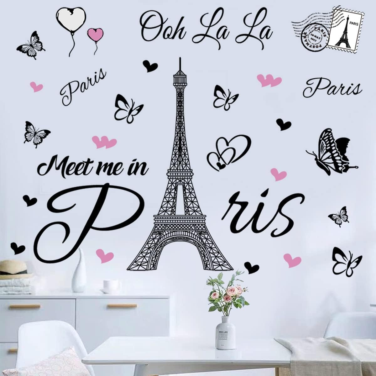 Paris Tower Wall Decal Paris Eiffel Tower Wall Sticker Vinyl Eiffel Tower Peel and Stick Wall Decals Removable Self-Adhesive Stickers Paris Tower Wall Decor for Bedroom Kitchen Office Background Livin