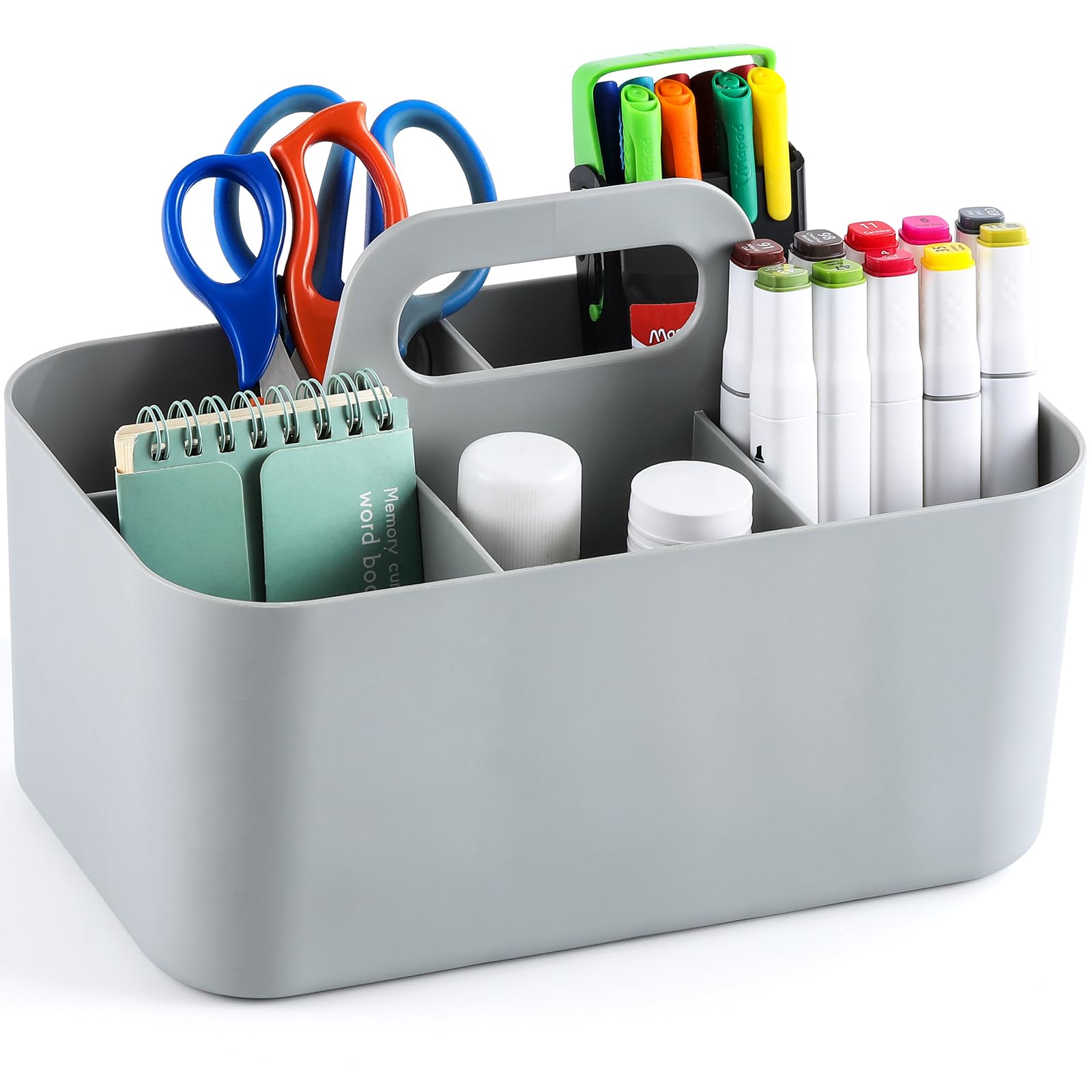 Multiuse Caddy Organizer with Handle - Stackable Plastic Tote Bin - Art Craft Supplies, Office, Desk, Stationery Pen Holder, Kitchen, Utensil, Makeup, Bathroom, Shower, Cleaning, Dorm Organizer - Grey