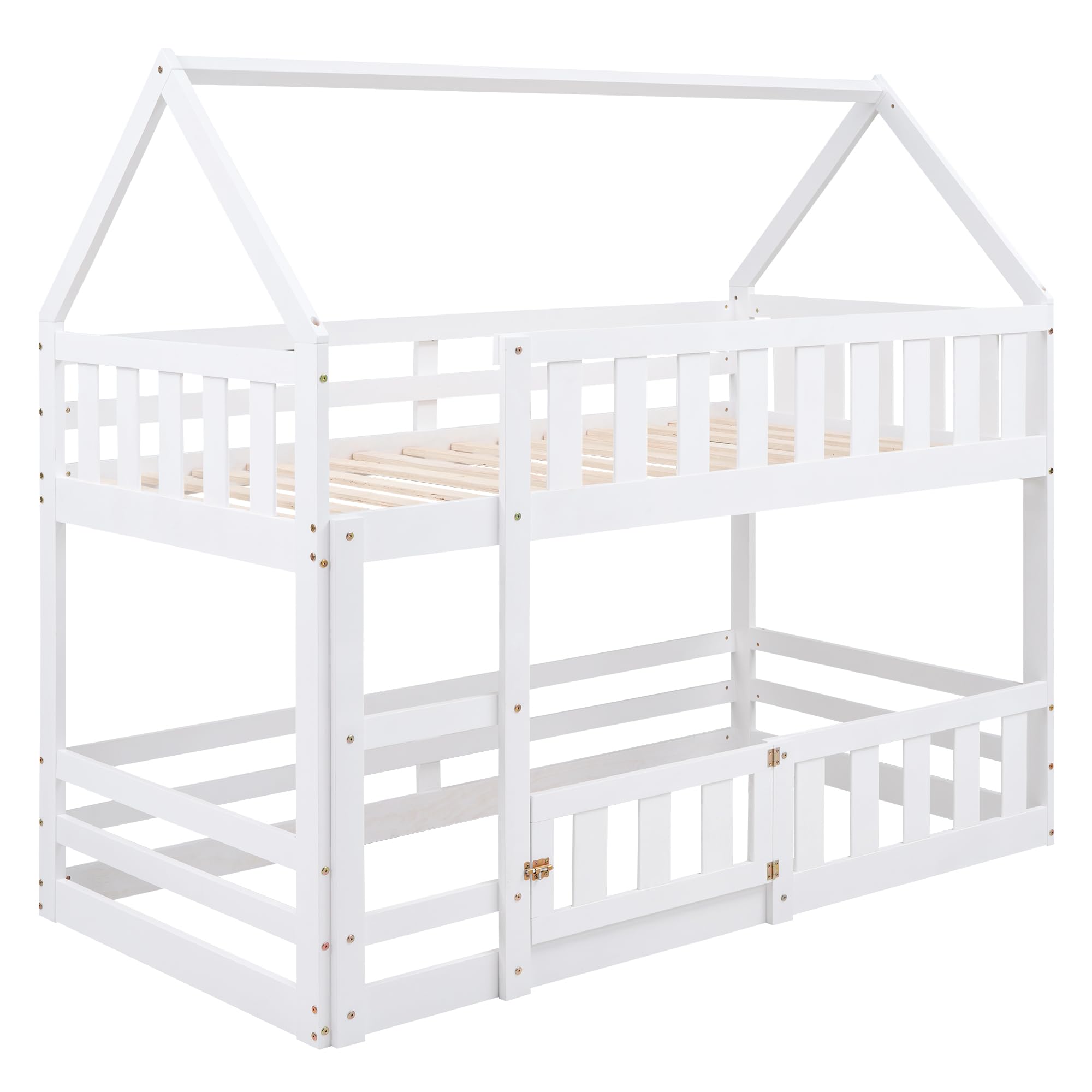 SOFTSEA Twin Over Twin House Bunk Bed, Solid Wood Bunk Bed Frame with Guardrails, Door and Ladder for Boys and Girls Bedroom, No Box Spring Needed, Easy Assembly, White