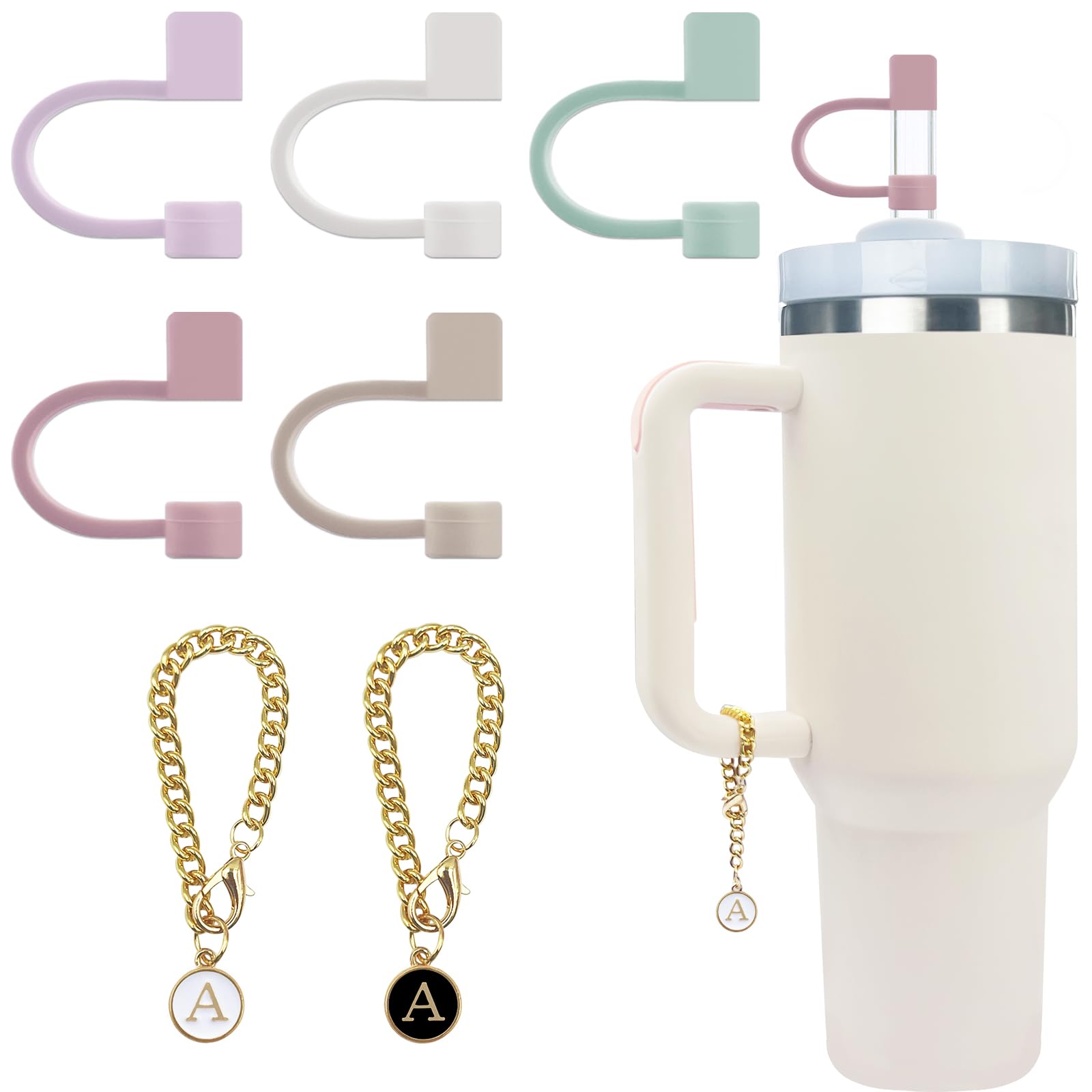 Velaco 5Pcs Silicone Straw Covers Cap and 2 PCS Letter Charm Accessories - Chains with Initial Letter for Stanley 20 30 40 oz Tumbler with Handle