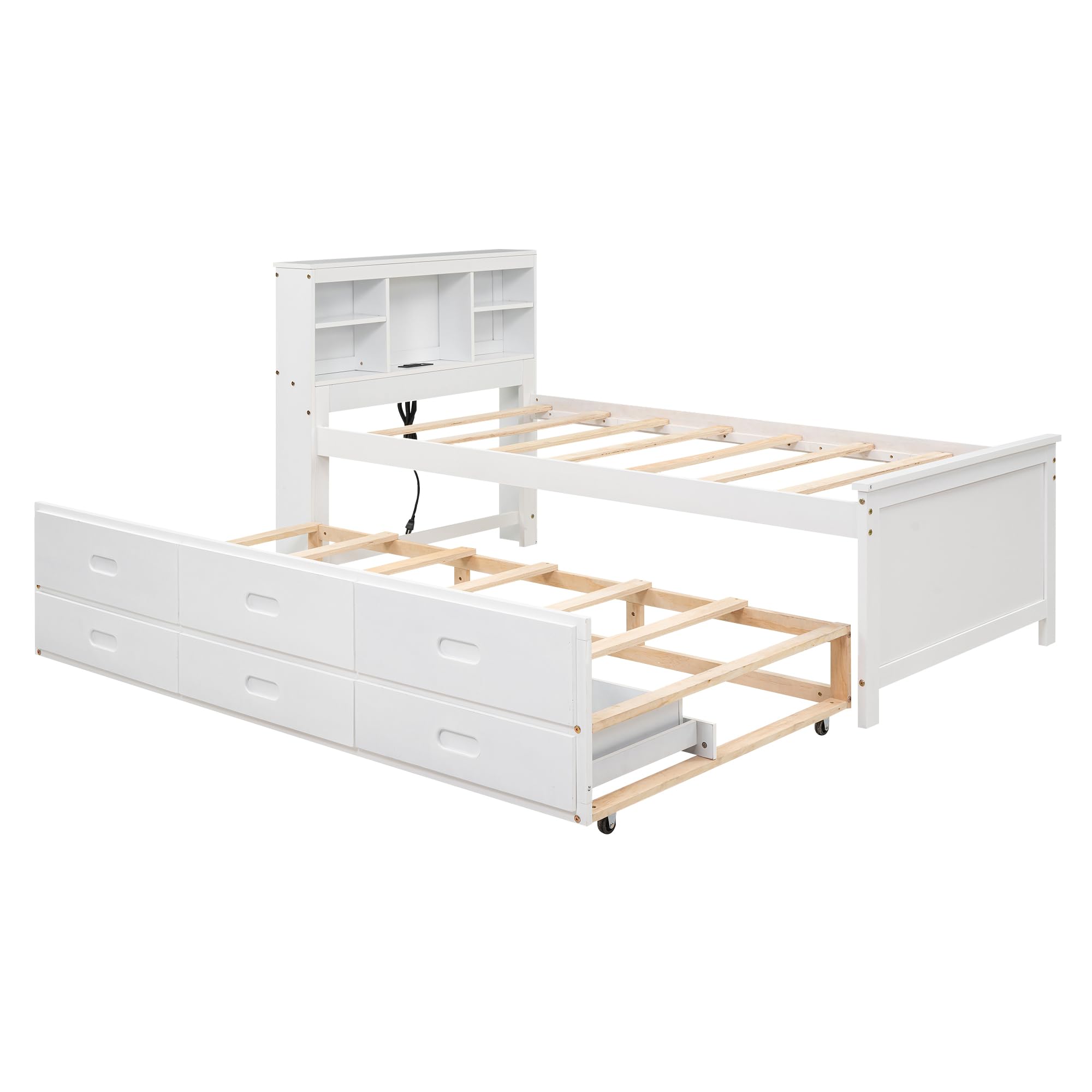 Twin Bed Frame with Bookcase Headboard and Charging Station, Wood Captain Bed with Trundle and Storage Drawers for Kids Boys Girls, Noise Free, No Box Spring Needed, White