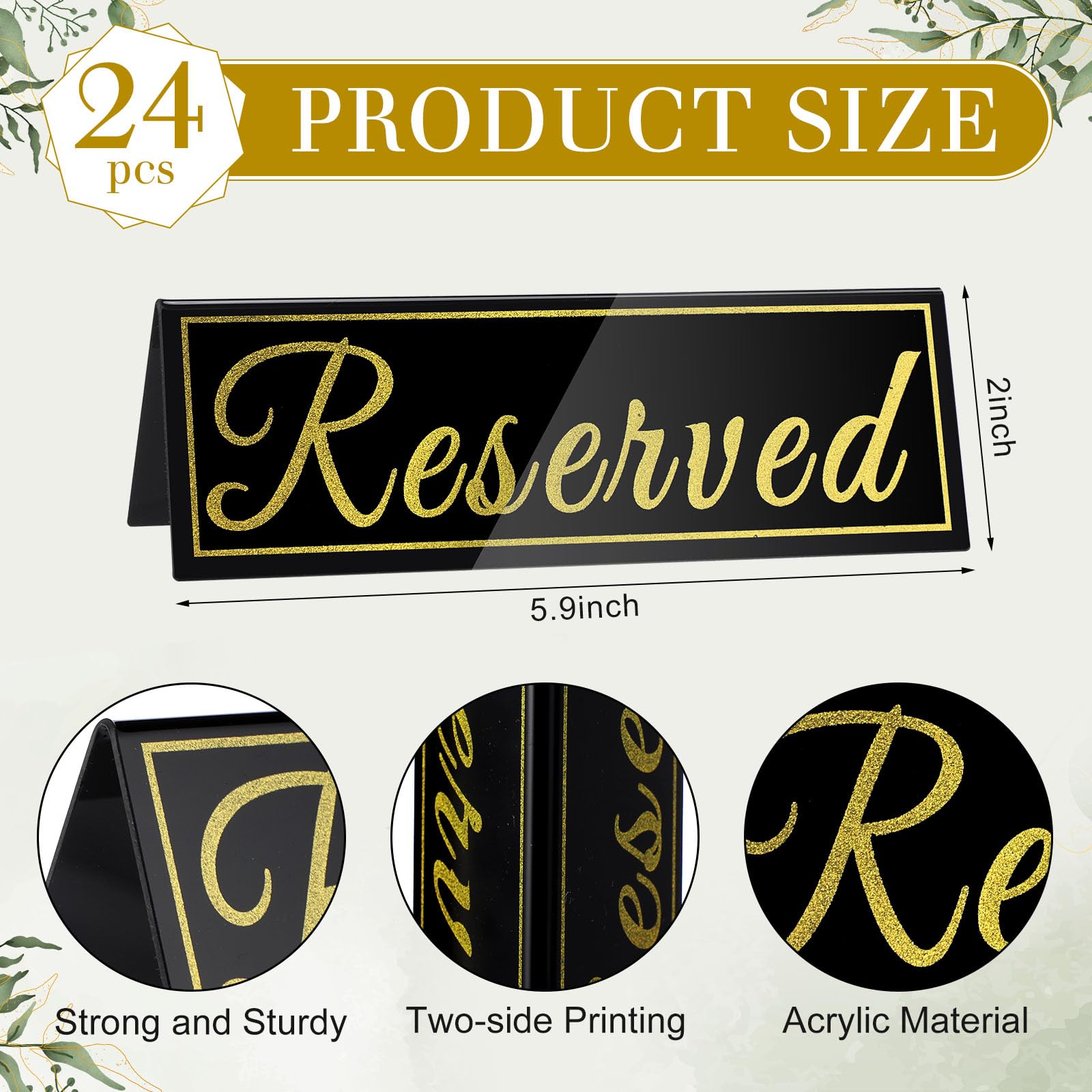 Yaocom 24 Pcs Reserved Table Signs Acrylic Guest Reservation Table Tents 5.9 x 2 Inch Reserved Seating Signs for Wedding Restaurant Office Meeting Chairs Birthday Party, Gold Words Black Background