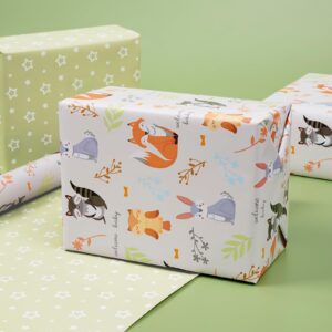 Tyzarglef Reversible Baby Shower Wrapping Paper - Mini Roll for Baby Boys Girls - 17 Inch X 33 Feet - Woodland Animals & Welcome Baby Design for Baby Shower, Birthday Party, Holiday