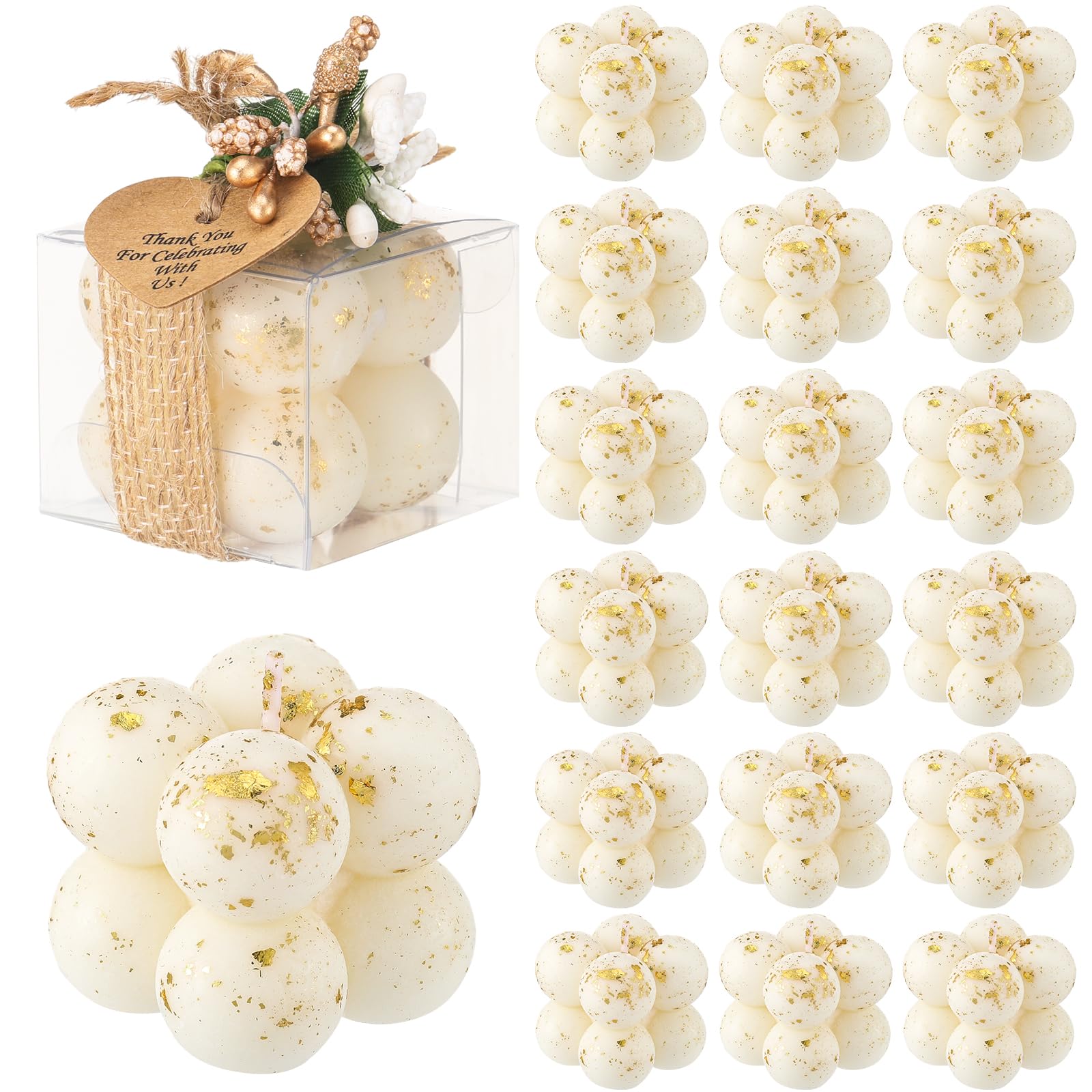 MTLEE 30 Sets Small Wedding Favors Candles for Guests 1.4 x 1.6 Inches Bulk Bubble Candles Gifts Bridal Shower Favors Candles with Thank You Cards Ribbons Dried Flowers Gifts (Gold Foil)