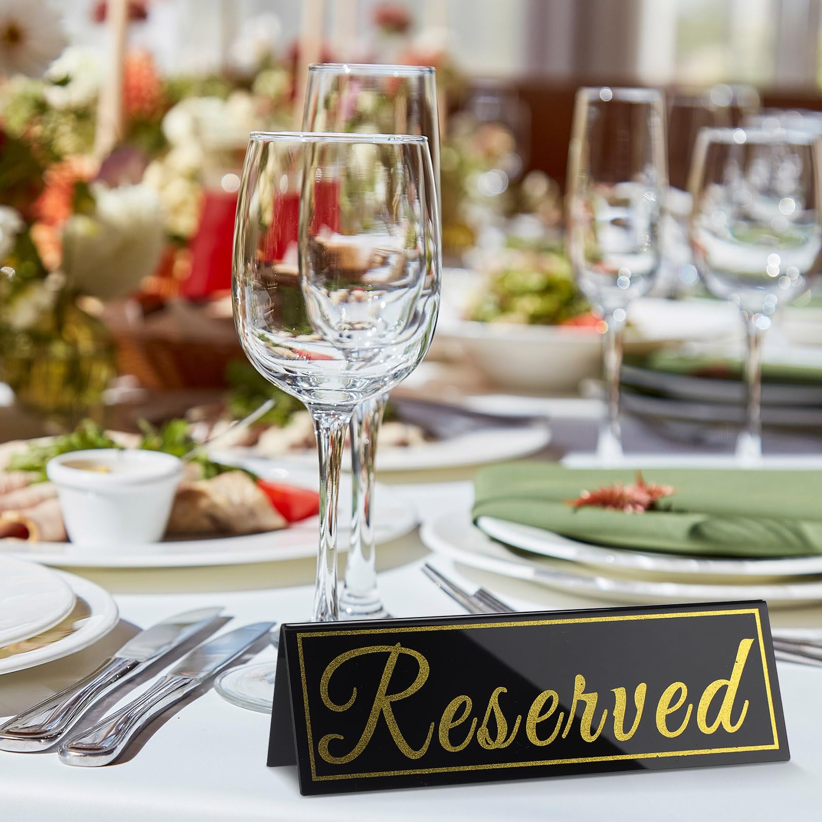 Yaocom 24 Pcs Reserved Table Signs Acrylic Guest Reservation Table Tents 5.9 x 2 Inch Reserved Seating Signs for Wedding Restaurant Office Meeting Chairs Birthday Party, Gold Words Black Background