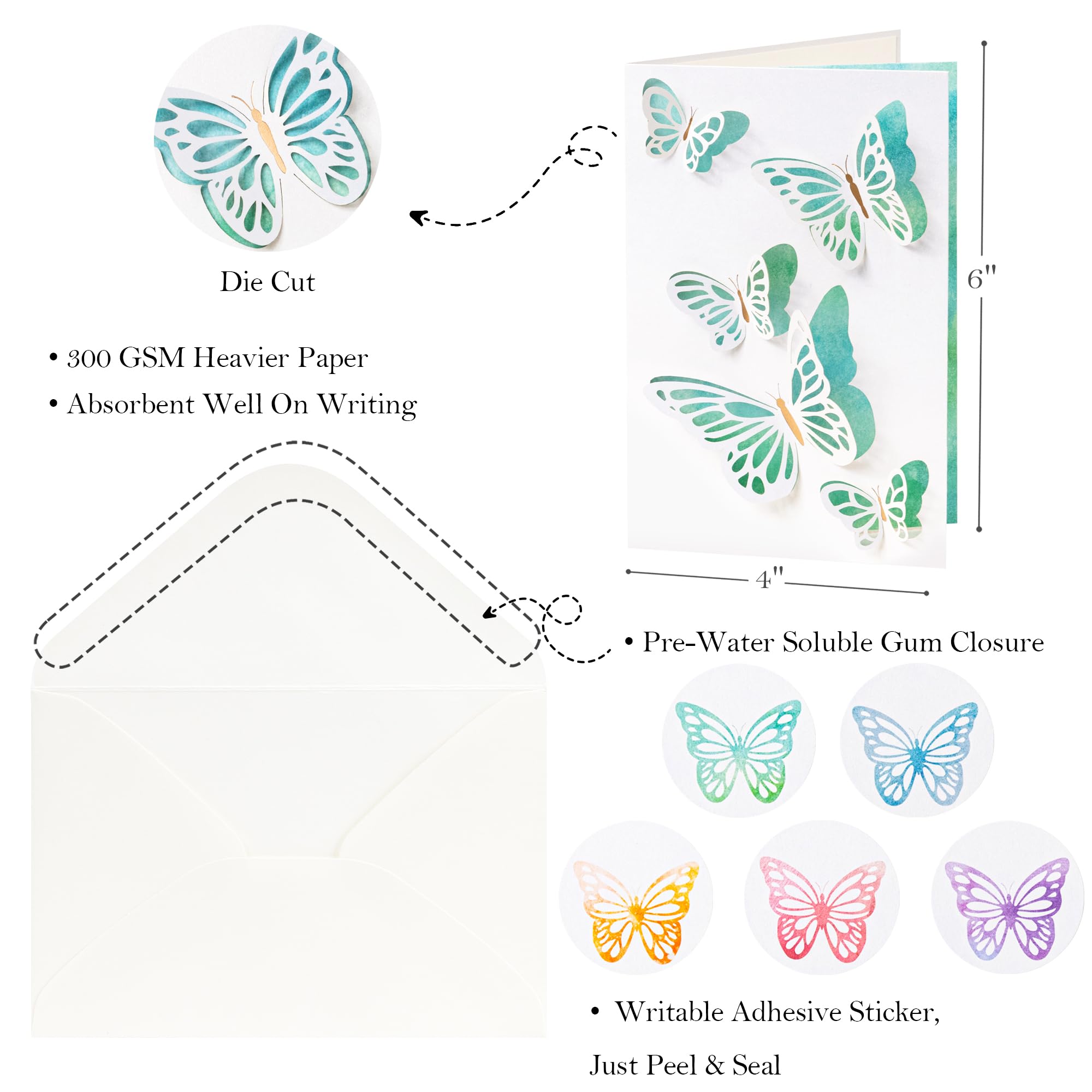 Crisky 25 Pcs Laser Cut 3D Note Cards & Envelopes Watercolor Butterflies Greeting Cards with Envelopes & Stickers for Birthday, Baby Shower,Bridal Shower, Wedding, Graduation