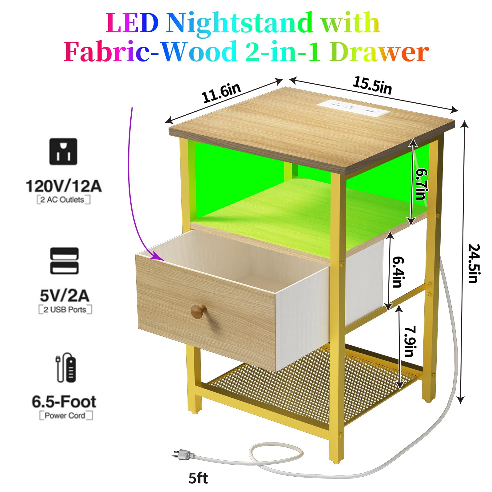 HDDDZSW LED Nightstands Set of 2 with Charging Station, Bedside Tables with USB Ports and Outlets, End Table with Fabric-Wood 2-in-1 Drawer for Small Spaces, Log-Color Side Table for Bedroom, Office