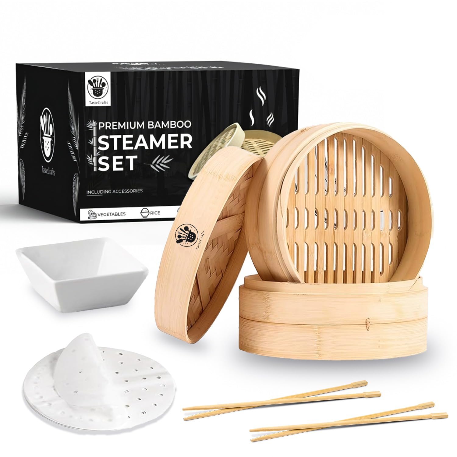 TASTECRAFTS Bamboo Steamer Basket 10-Inch, 2-Tier Design with Complimentary Chopsticks, Steamer Liners and Ceramic Dish for Sauce, Dumpling Steamer, Vegetable Steamer, Rice Steamer.