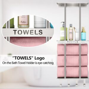 Bathroom Towel Storage, Towel Racks for Bathroom with 3-Tier Shelf & 4 Hooks, Towel Holder for Bathroom Wall for Rolled Bath Towels, Brushed Nickel