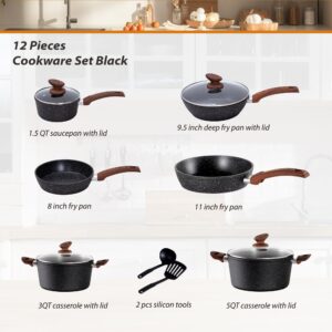 DishDelight Induction Pots and Pans Set Non Stick, 12 Piece Nonstick Kitchen Cookware Sets, Nonstick Granite Cooking Set Induction Pots and Pans, Induction Cookware Sets with Frying Pans, Black