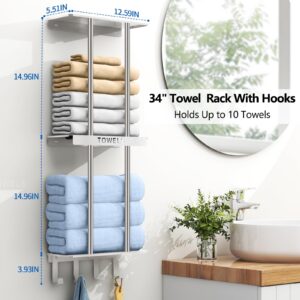 Bathroom Towel Storage, Towel Racks for Bathroom with 3-Tier Shelf & 4 Hooks, Towel Holder for Bathroom Wall for Rolled Bath Towels, Brushed Nickel