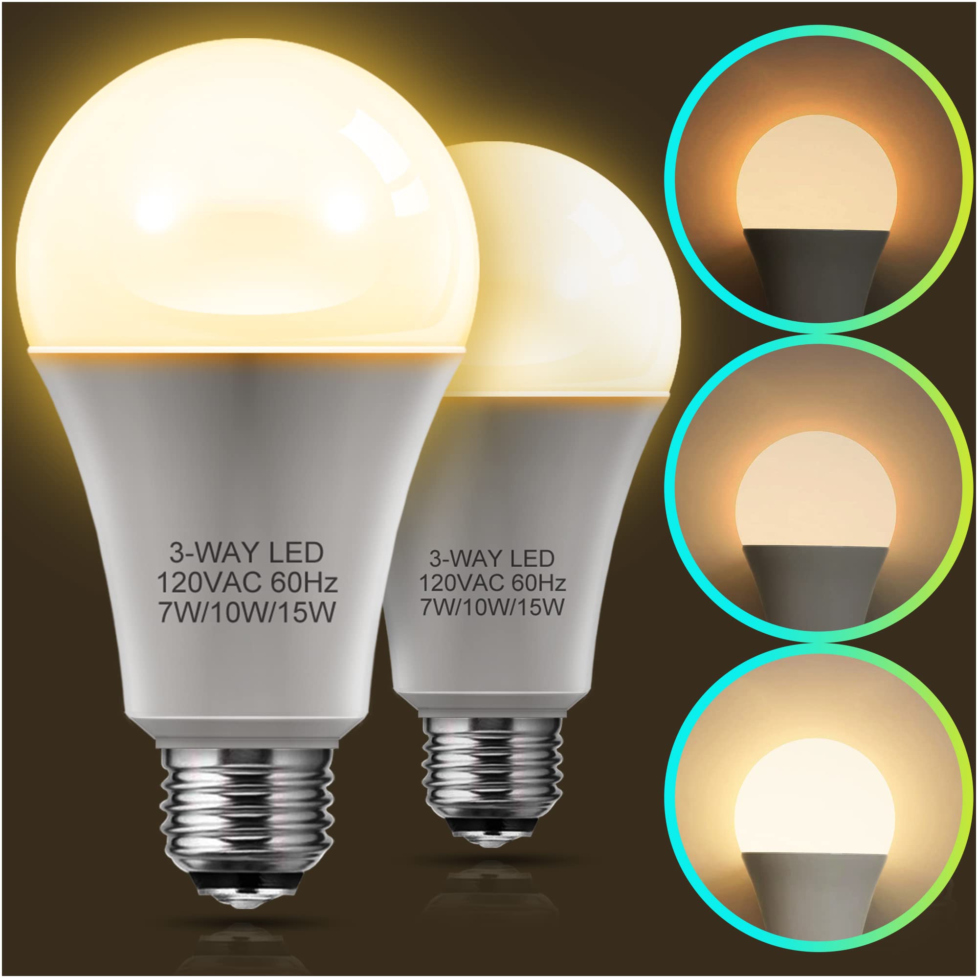 L LOHAS LED 3 Way Light Bulbs, Soft White 3000K, 7/10/15W, 3 Way LED Light Bulbs with E26 Base, 500lm-1000lm-1500lm, A19 Energy Saving Light Bulbs, 2 Pack