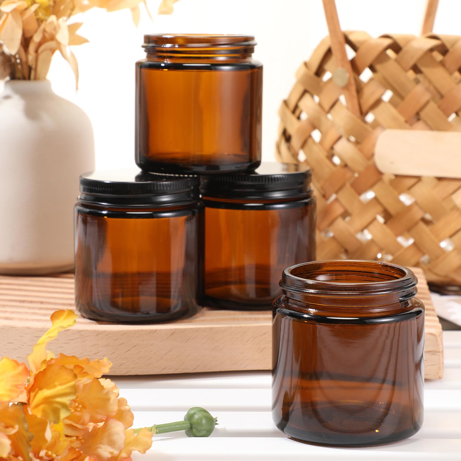 Zhehao 12 Pcs 4 Oz Glass Candle Jars with Lids Amber Round Candle Container Tins Canning Jars Mason Jar Candle Holder Containers Bottles for Valentine Making Candles DIY, Dishwasher Safe, Black Lids