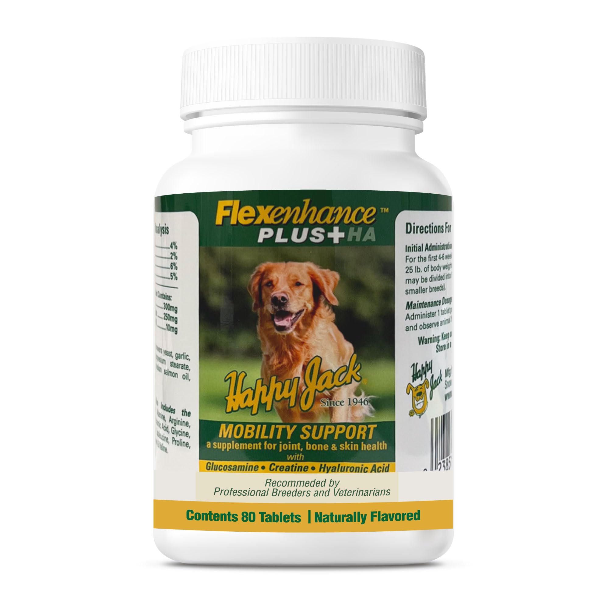 Happy Jack Flexenhance Dog Hip and Joint Supplement with Skin & Coat Support Plus (80 Chewable Tabs), Improve Flexibility & Mobility, Glucosamine, Green Lipped Mussel, Fish Oil