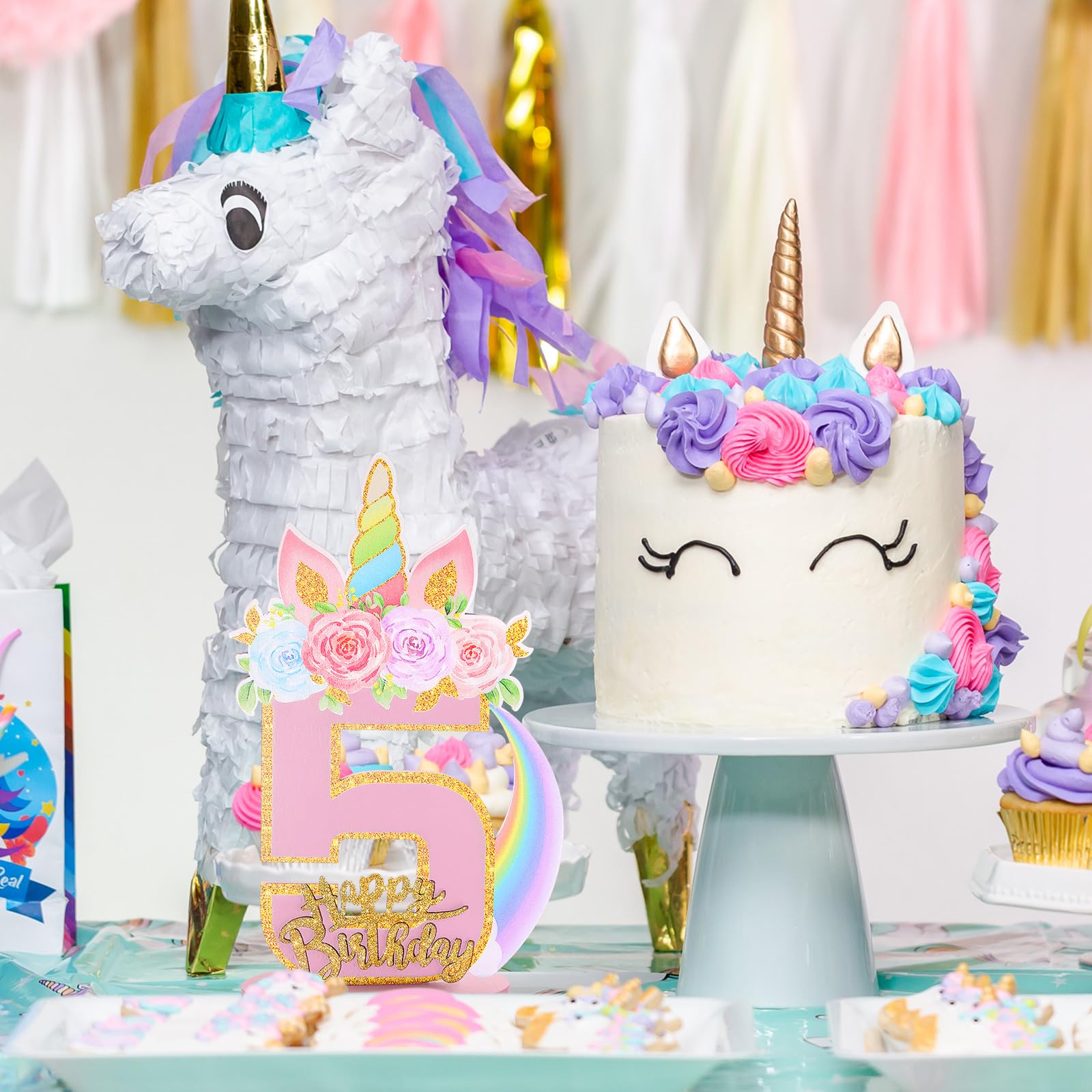 MiniInflat Unicorn 3/5/6th Birthday Number Sign Centerpiece for Girls 11.8 Inch Unicorn Number Wooden Table Decoration Unicorn Party Supplies for Kids Birthday Anniversary((Number 5)