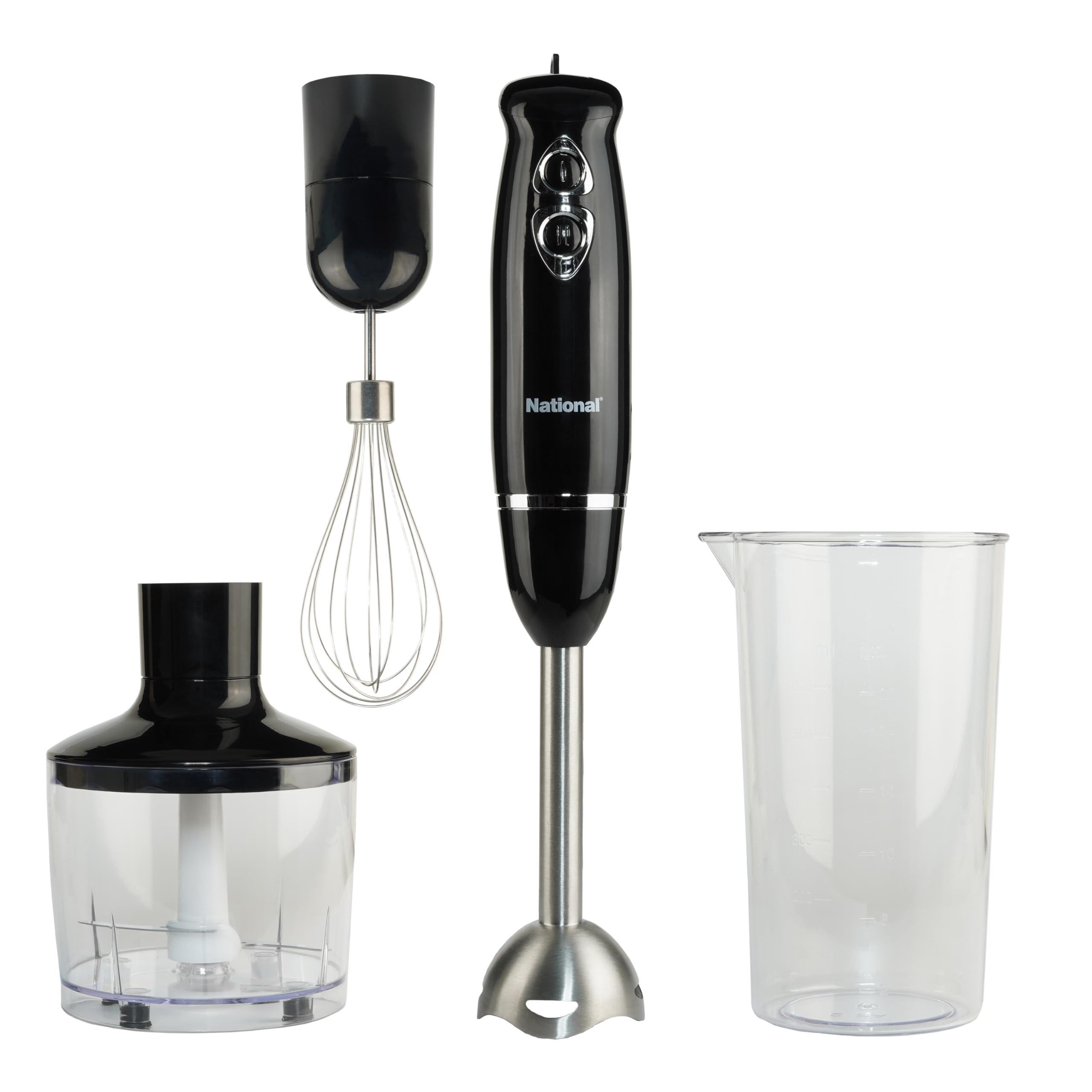 National NA-3104HB 4-in-1 Multi-Purpose Immersion Hand Blender Blend, Puree, Mash, Chop and Whisk, Two Speeds, Splash Control, and ETL Approved with Interchangeable Attachments (Black)