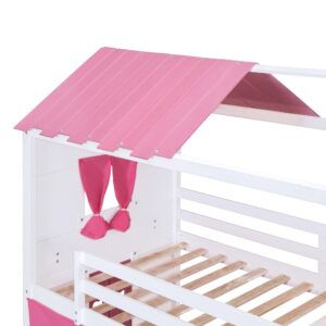 Favfurish Full Size Bunk Wood House Bed with Elegant Windows, Sills and Tent,Castle Design Wooden Bed Frame,w/Safety Guardrails & Ladder,for Kids,Teens,Boys,Girls,Pink+White