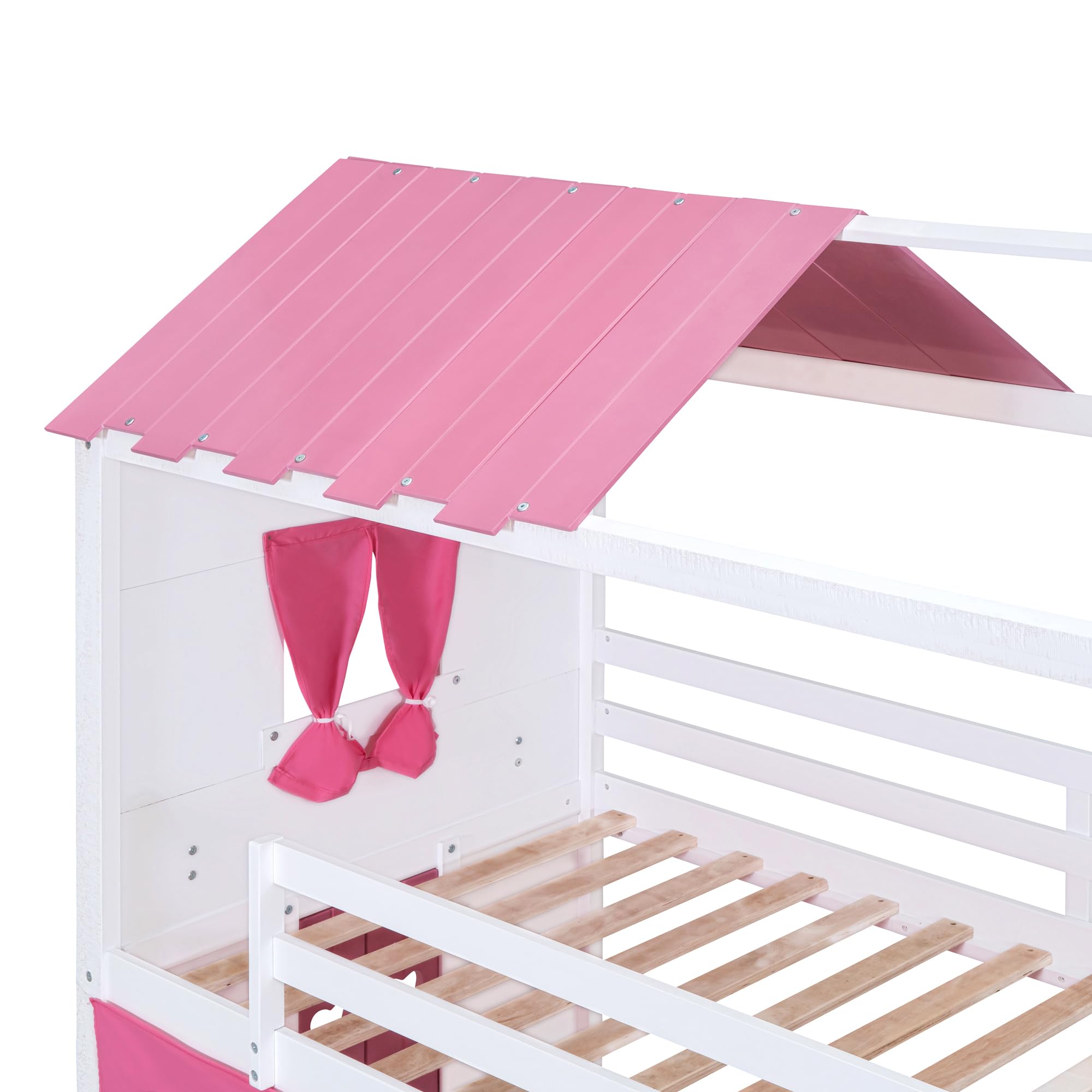 Favfurish Full Size Bunk Wood House Bed with Elegant Windows, Sills and Tent,Castle Design Wooden Bed Frame,w/Safety Guardrails & Ladder,for Kids,Teens,Boys,Girls,Pink+White