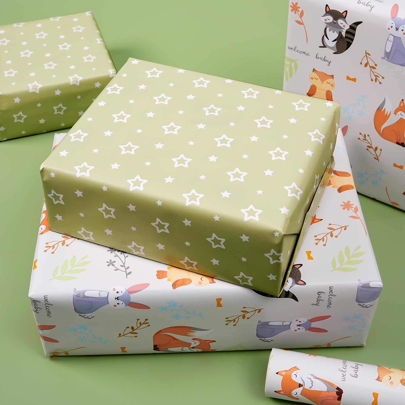 Tyzarglef Reversible Baby Shower Wrapping Paper - Mini Roll for Baby Boys Girls - 17 Inch X 33 Feet - Woodland Animals & Welcome Baby Design for Baby Shower, Birthday Party, Holiday