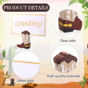 Kigley 18 Pcs Cowboy Boots Wooden Ornaments Place Card Holder and 25 Pcs Gold Foil White Card Cowboy Boots Wooden Table Sign Picture Number Sign Stands Holder for Wedding Party Events (Brown)