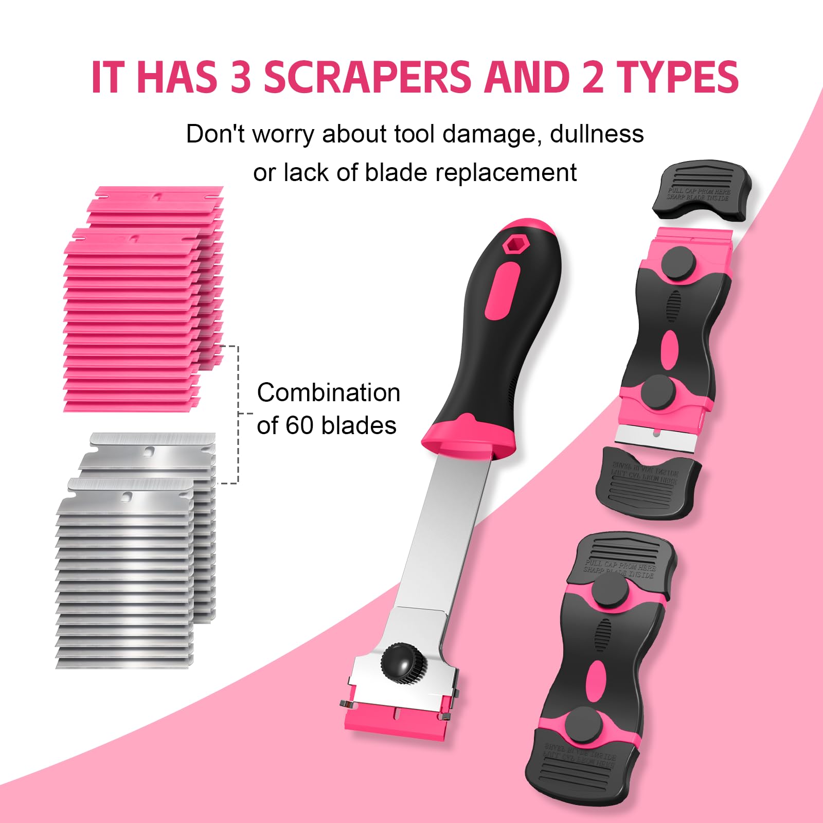 Ywmoml 3 Pack Razor Blade Scraper, Plastic Razor Blade Scraper, Scraper Tool with Extra 30 Plastic Razor Blades and 30 Metal Blades, Razor Scraper for Gum, Cooktop, Wallpaper or Glass Tool (Pink)