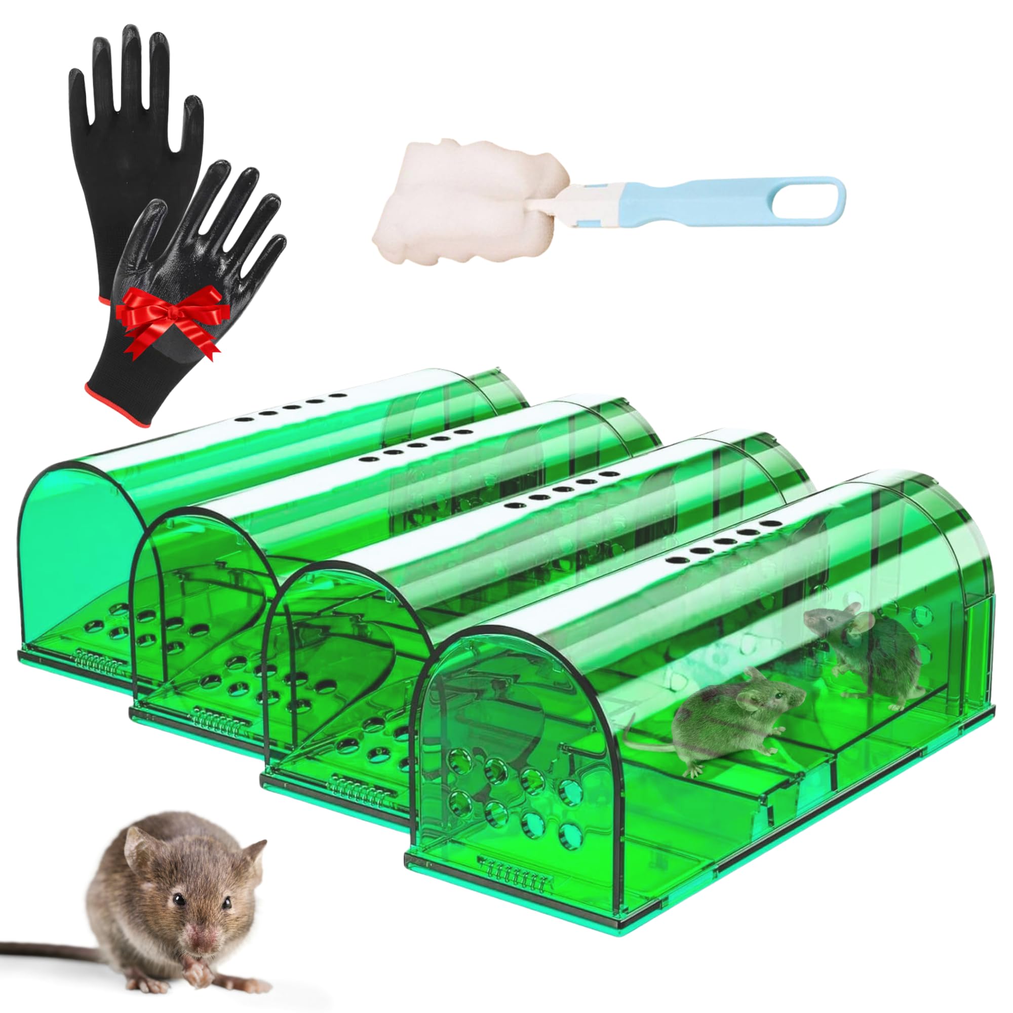 4 Pack Mouse Traps Humane Catch and Release Reusable No Kill, Multiuse, Live Mouse Trap, No Touch, Pet Safe mice Trap Indoor for Home, Easy Set in Basement, Garage, with Gloves