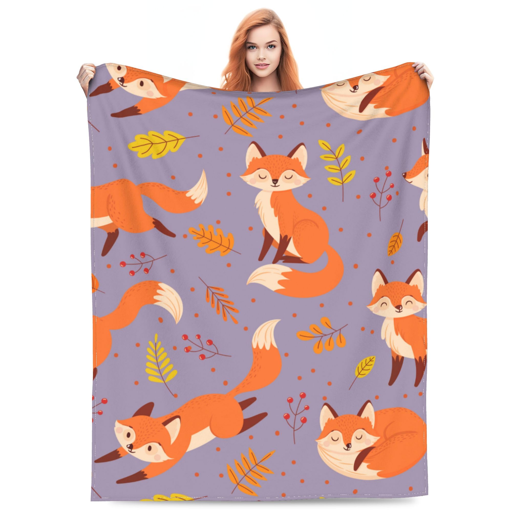 VODRM Cute Fox Blanket Gifts for Kids & Adult for Living Room Bedding Couch Soft Lightweight Warm Cozy Animal Foxes Leaf Throw Blankets Party Birthday Decor Golden 60X80in All Seasons