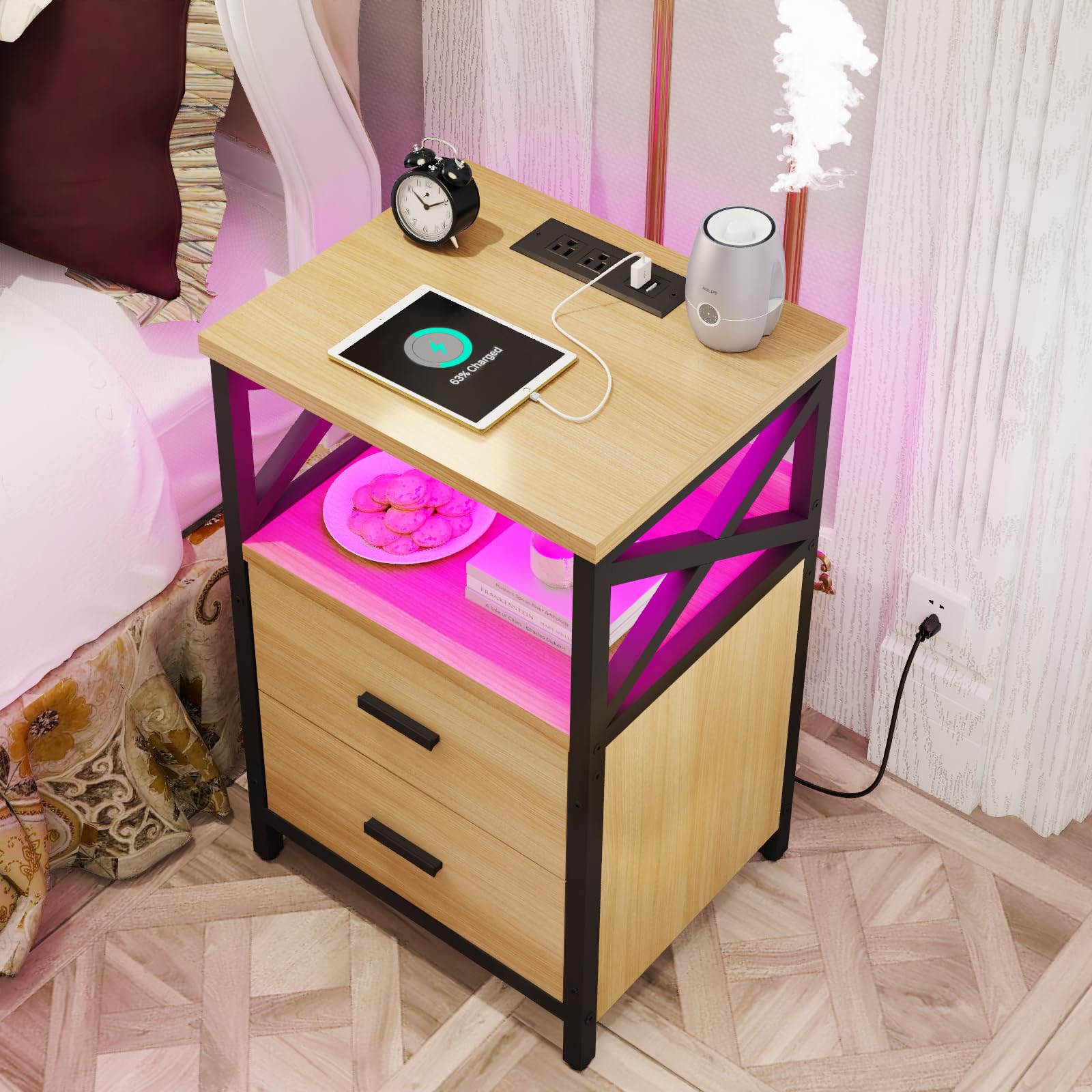 HDDDZSW LED Nightstand with Charging Station, Side Table with USB Ports and Outlets, End Table for Small Spaces, Log Colour Bedside Tables with Fabric-Wood 2-in-1 Drawer for Bedroom, Living Room