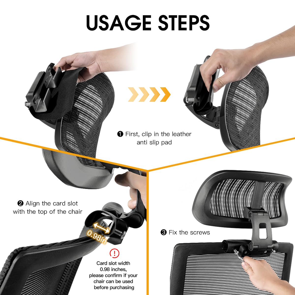 The Office Chair headrest Attachment, can Adjust Height, inclination, and Distance Between. The mesh headrest is Suitable for Ergonomic Office Chairs，Please Confirm The Size Before Purchase