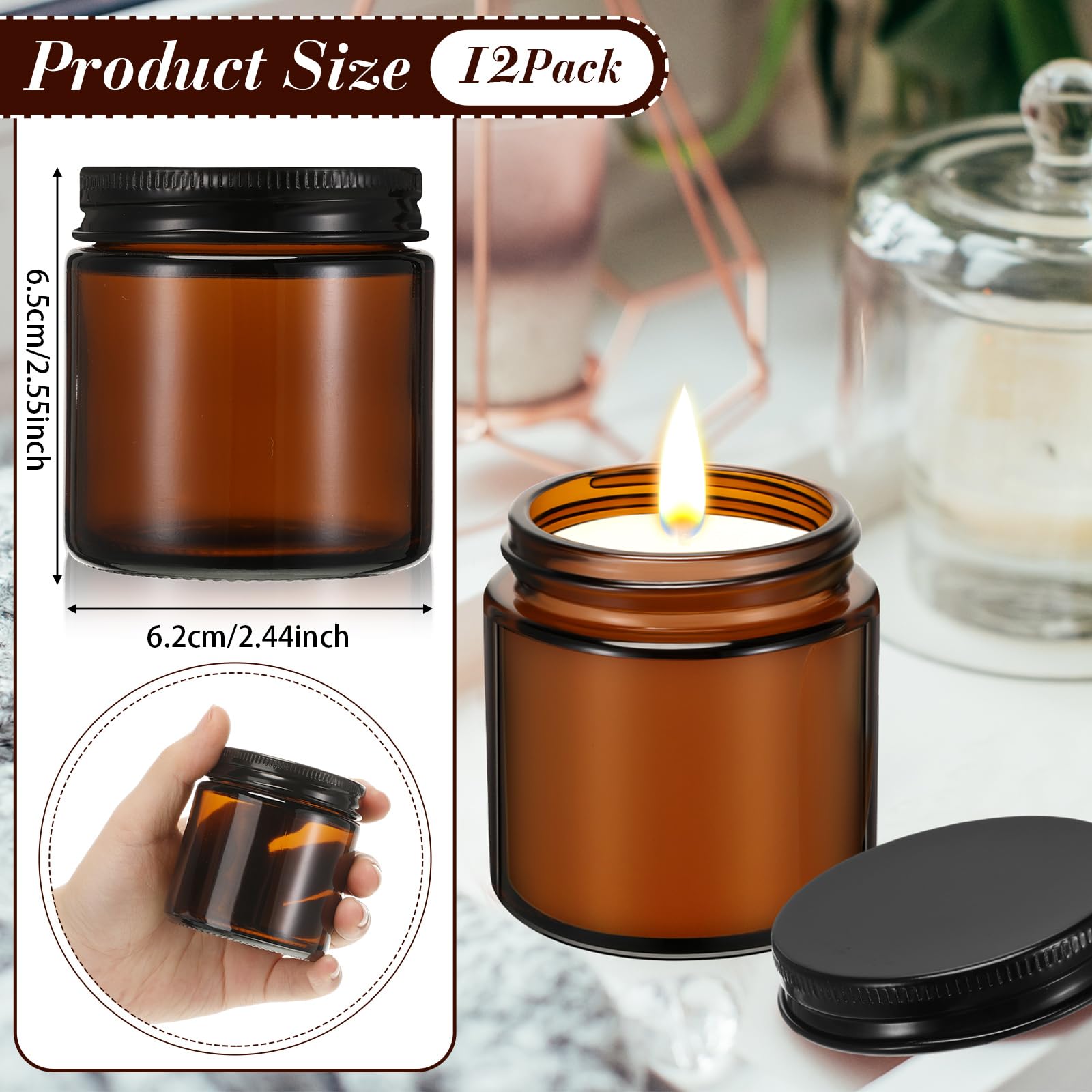 Zhehao 12 Pcs 4 Oz Glass Candle Jars with Lids Amber Round Candle Container Tins Canning Jars Mason Jar Candle Holder Containers Bottles for Valentine Making Candles DIY, Dishwasher Safe, Black Lids