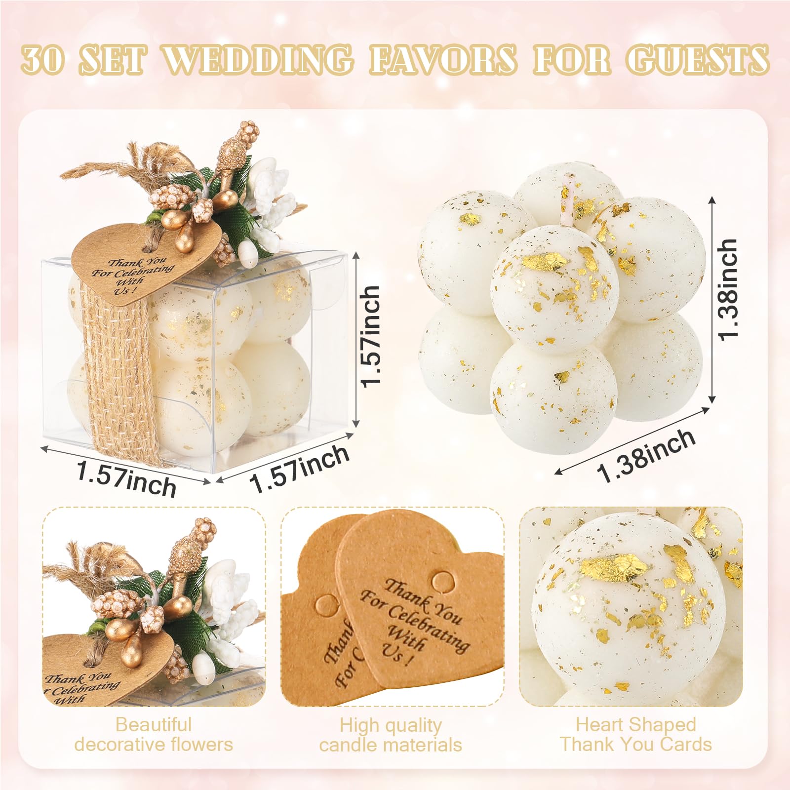 MTLEE 30 Sets Small Wedding Favors Candles for Guests 1.4 x 1.6 Inches Bulk Bubble Candles Gifts Bridal Shower Favors Candles with Thank You Cards Ribbons Dried Flowers Gifts (Gold Foil)